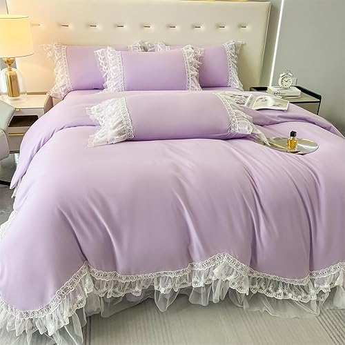 Miniatura 5 de MOOWOO Chic - Juego de funda de edredón de poliéster y encaje con volantes, ropa de cama color morado para niña, funda de edredón de 3 piezas con