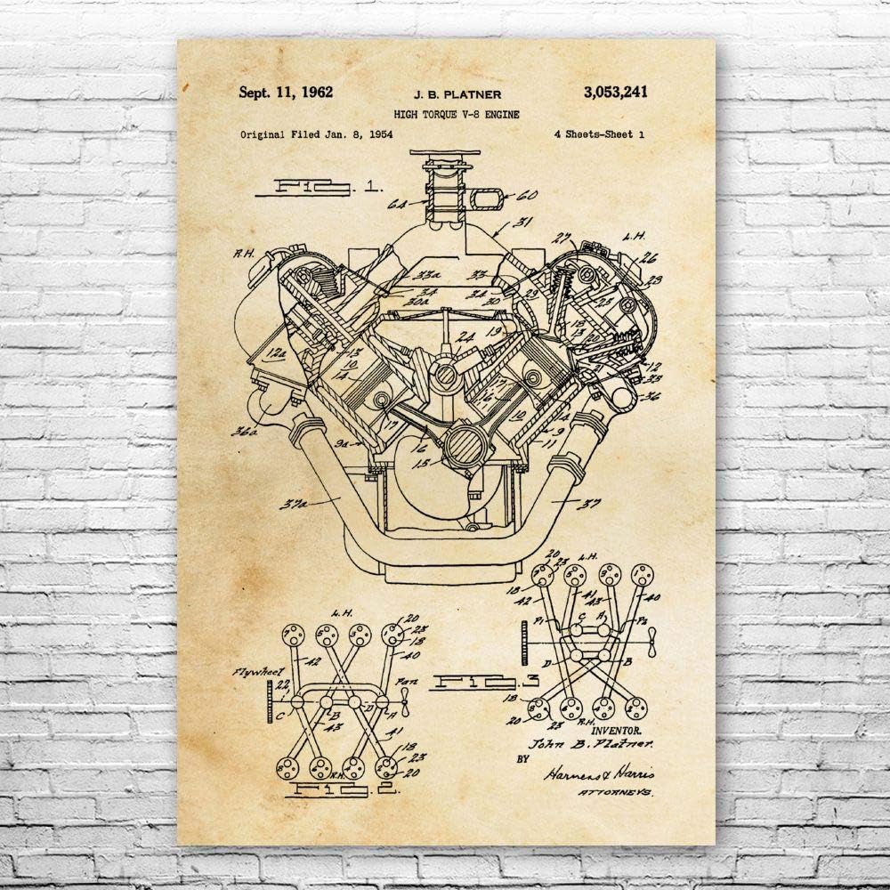 V8 – Póster de motor, hemisférico, plano del motor, arte de taller de garaje, arte de carrocería, papel vintage (8 x 10 pulgadas)