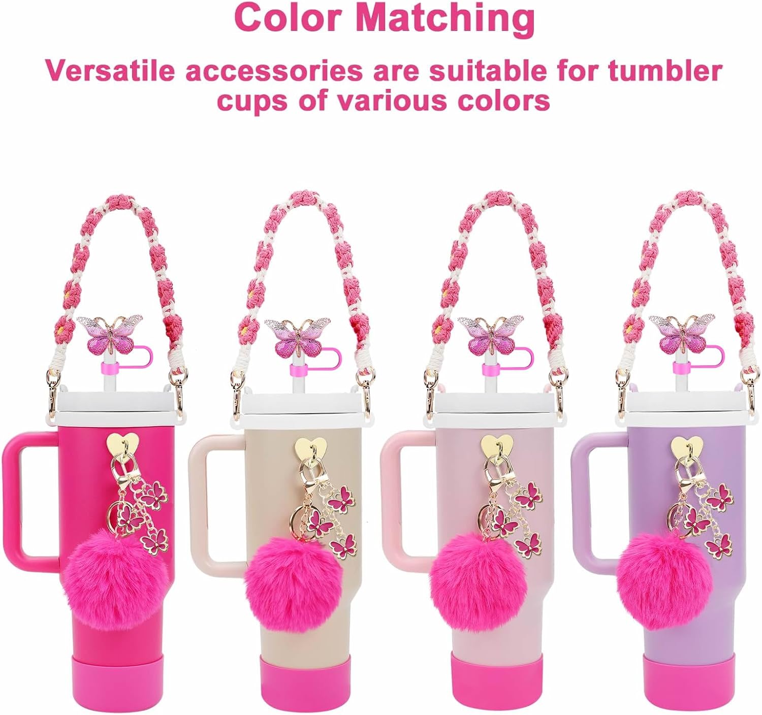 Accessories Set Including Water Bottle Handle Strap, Silicone Boot, Resin Butterfly Straw Cover, Straw Topper, Lip Balm Sleeve, Butterfly & Hairball Charms for Stanley Cup Tumbler - Image 4