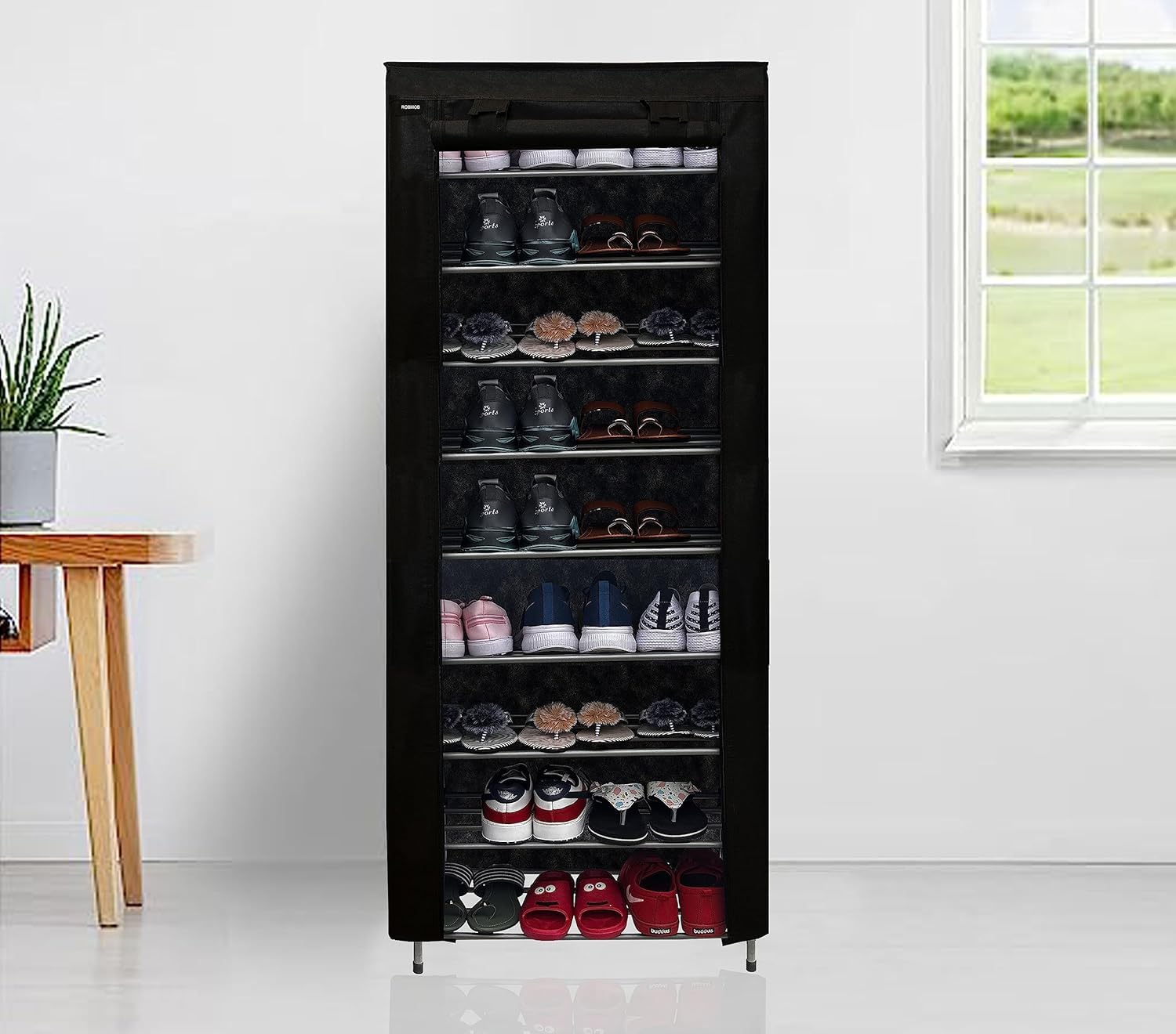 ROBMOB 9 Layer Shoes Rack Metal Pipe with Dustproof Cover (BLACK)