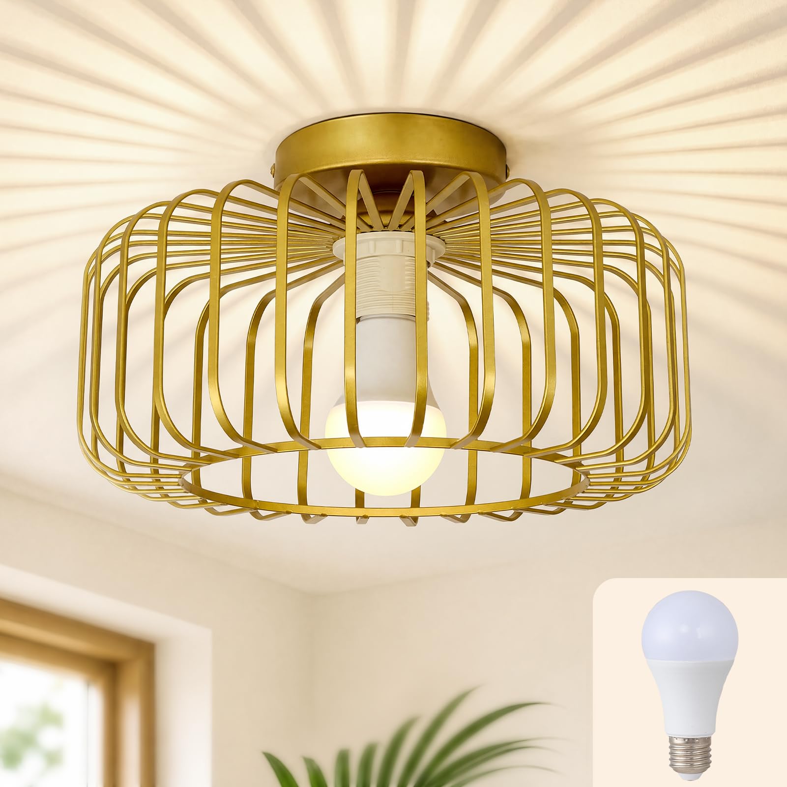 Warmiehomy Modern Gold Ceiling Light with Lamp Bulb, Vintage Ceiling Lamp Living Room Metal Cage, E27 Semi Flush Ceiling Lighting for Bedroom Hallway Dining Room Kitchen Entryway, 30 X 30 X16.5 cm