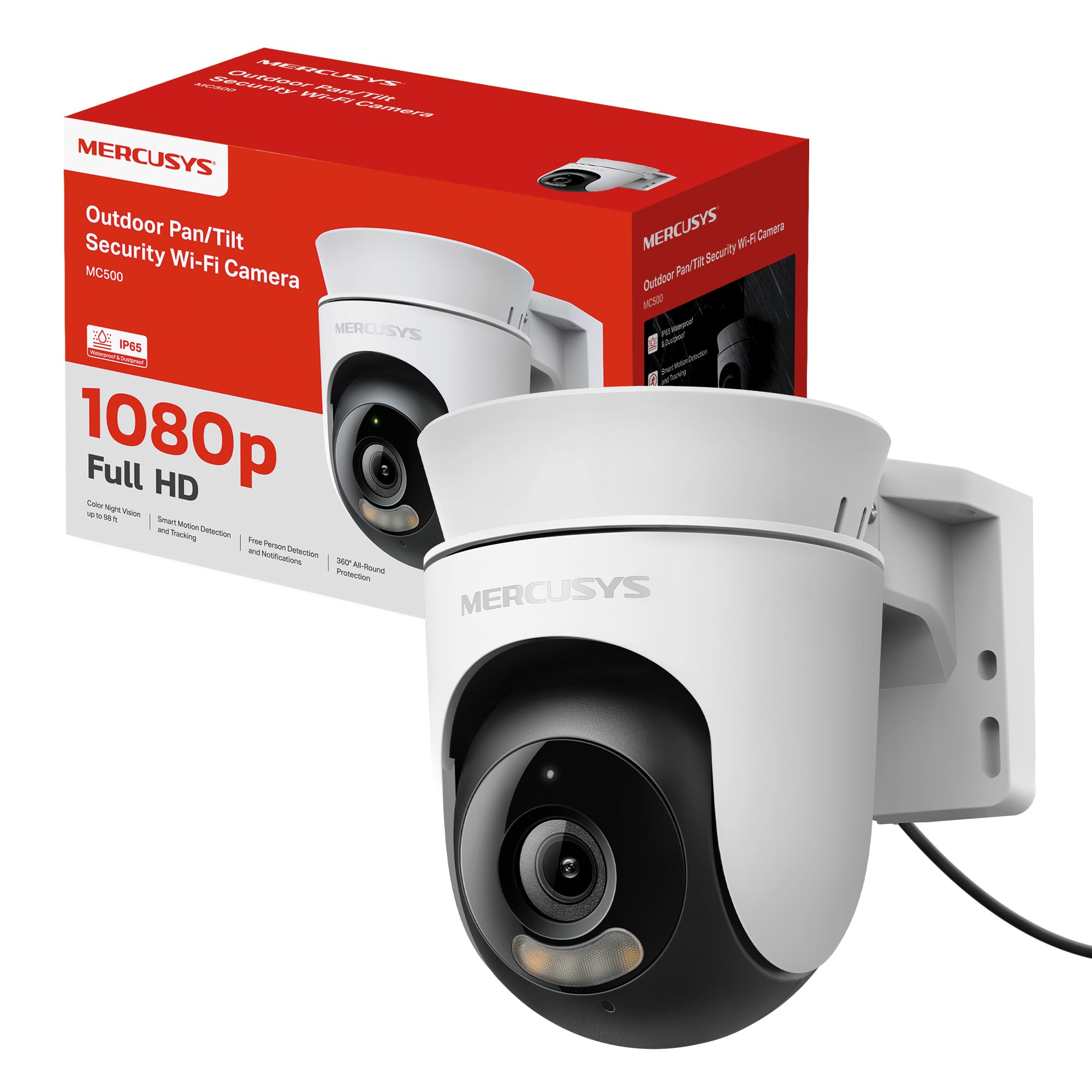 MERCUSYS MC500 Telecamera WiFi Esterno FHD, Videocamera Sorveglianza 360°, Visione Notturna a Colori, Audio a 2 Vie, Rilevamento/Tracciamento del Movimento delle Persone, Zona privata, microSD 512GB