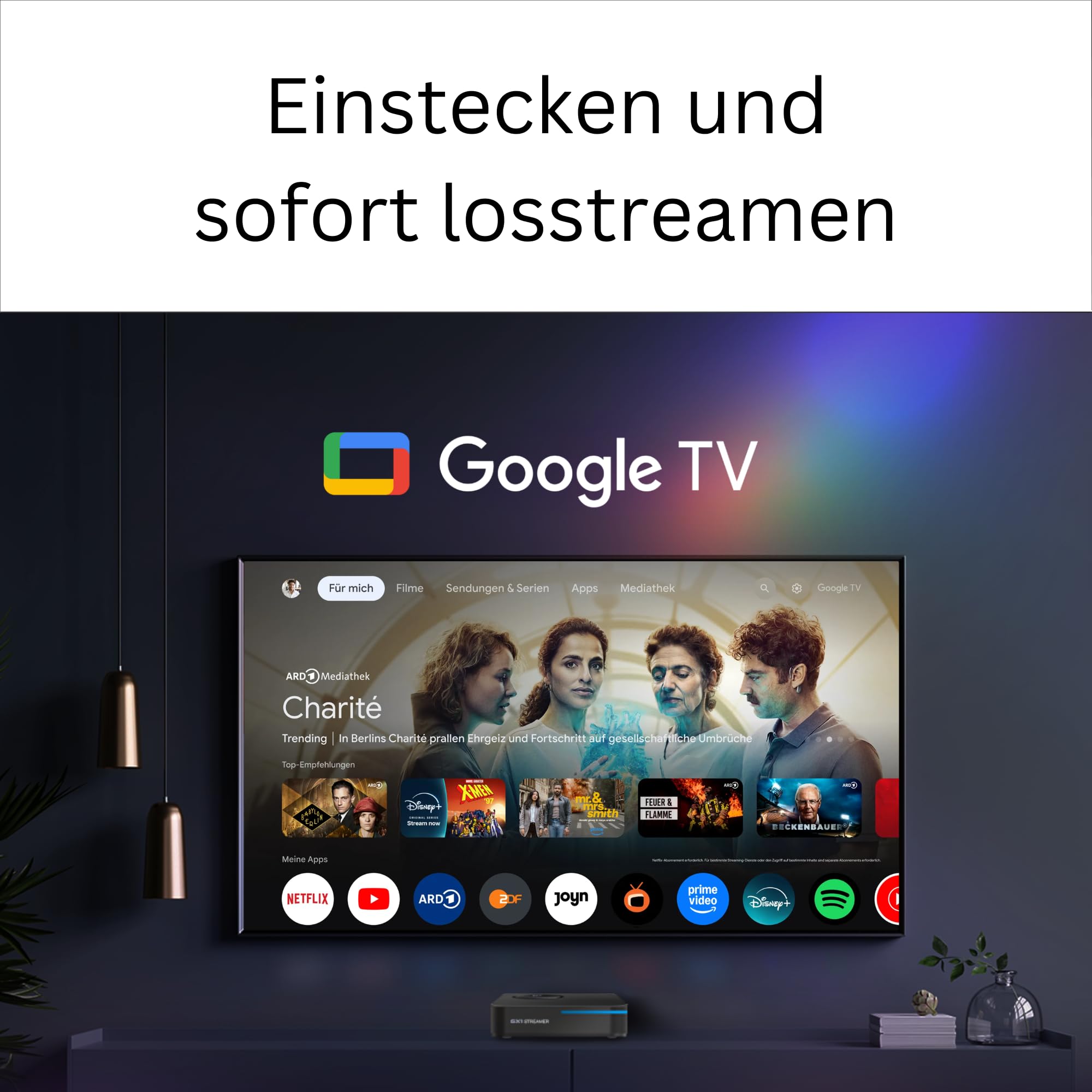 GX1 4K Streaming Box - Google TV 14 [4GB RAM, 32GB Speicher] Smart TV Mediaplayer, Unterstützt Netflix & Prime in 4K, AI-Upscaling, HDR10+, WiFi 6, LAN