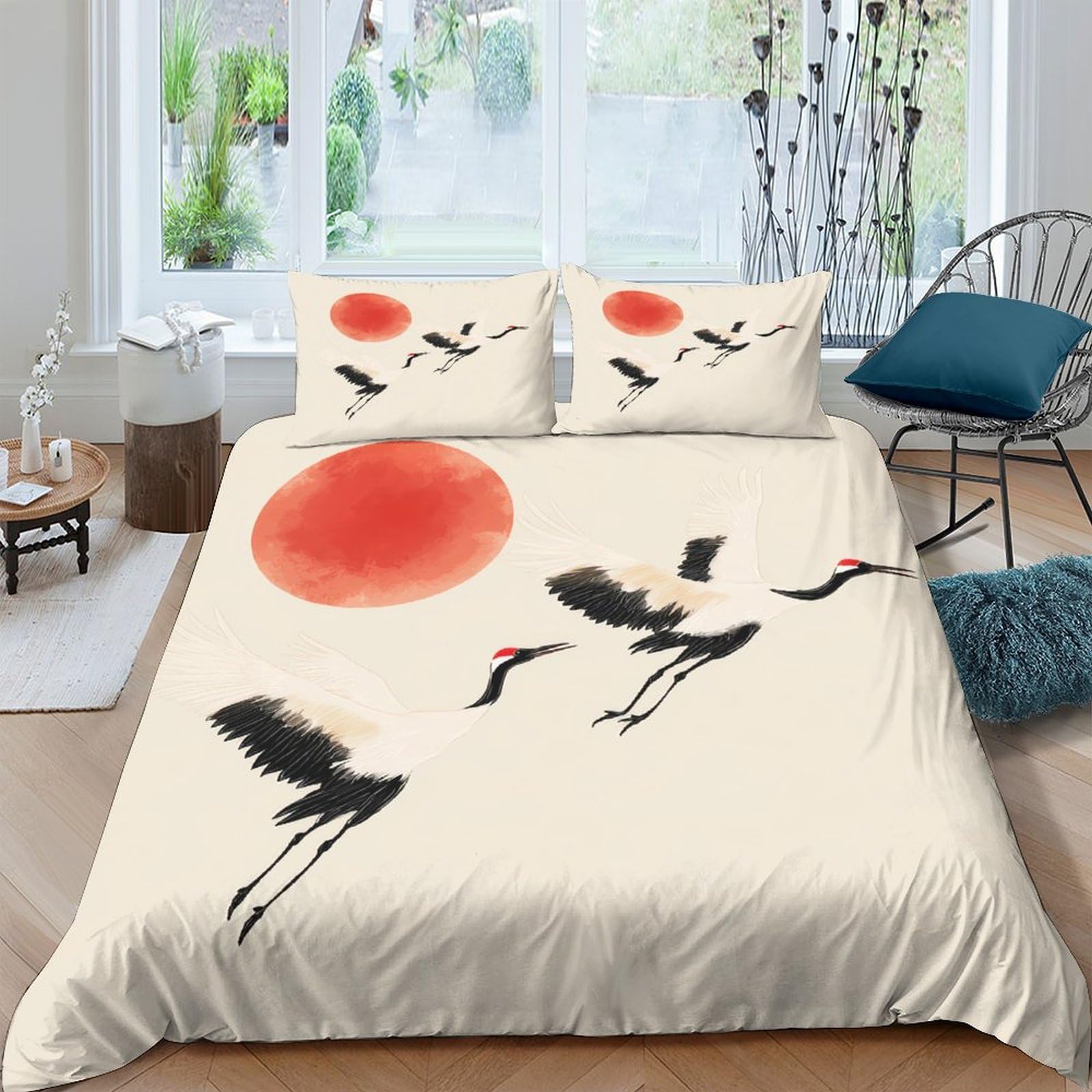 Ctjqhvkz Style-7 3D Printed Japanese Red Sun Fitted Sheet Microfiber Crane Bird Mattress Cover For Bedroom Living Room Decor Single（135X200cm）