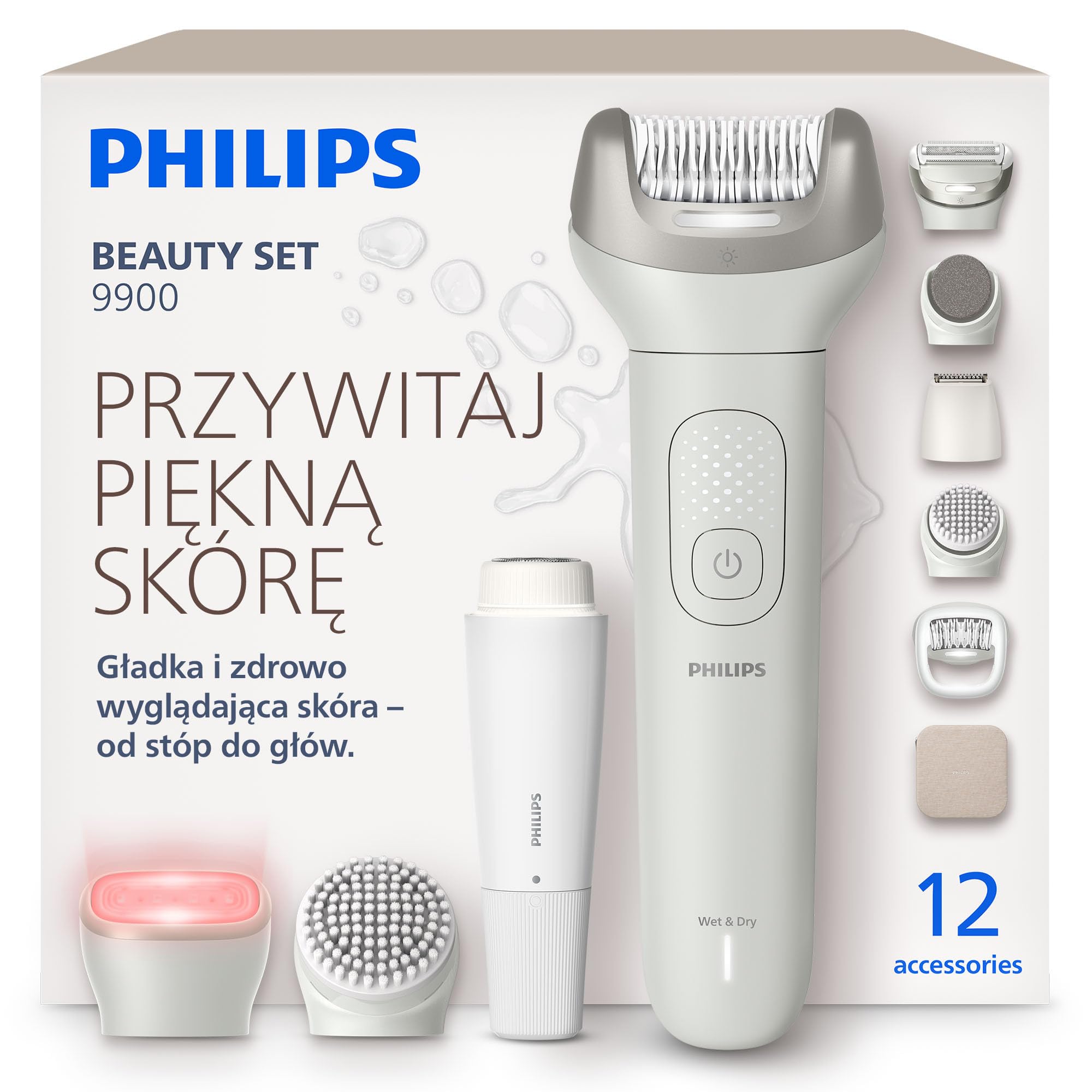 Philips Beauty Set – uniwersalny zestaw pielęgnacyjny do ciała i twarzy, do używania na mokro lub na sucho, depilacja oraz pielęgnacja ciała i skóry, model BRE749/00