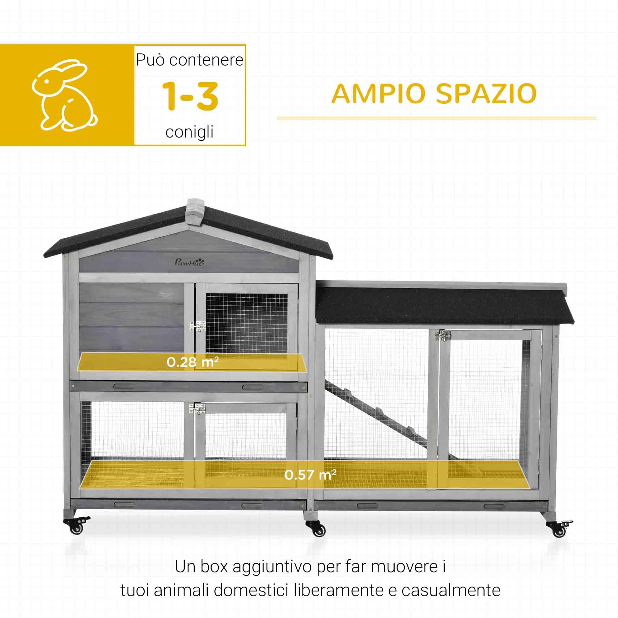 PawHut Gabbia per Conigli da Esterno con 6 Ruote, Porte Multiple, Conigliera in Legno di Abete con Rampa, Casetta per Conigli e Spazio Aperto Recintato, Grigio