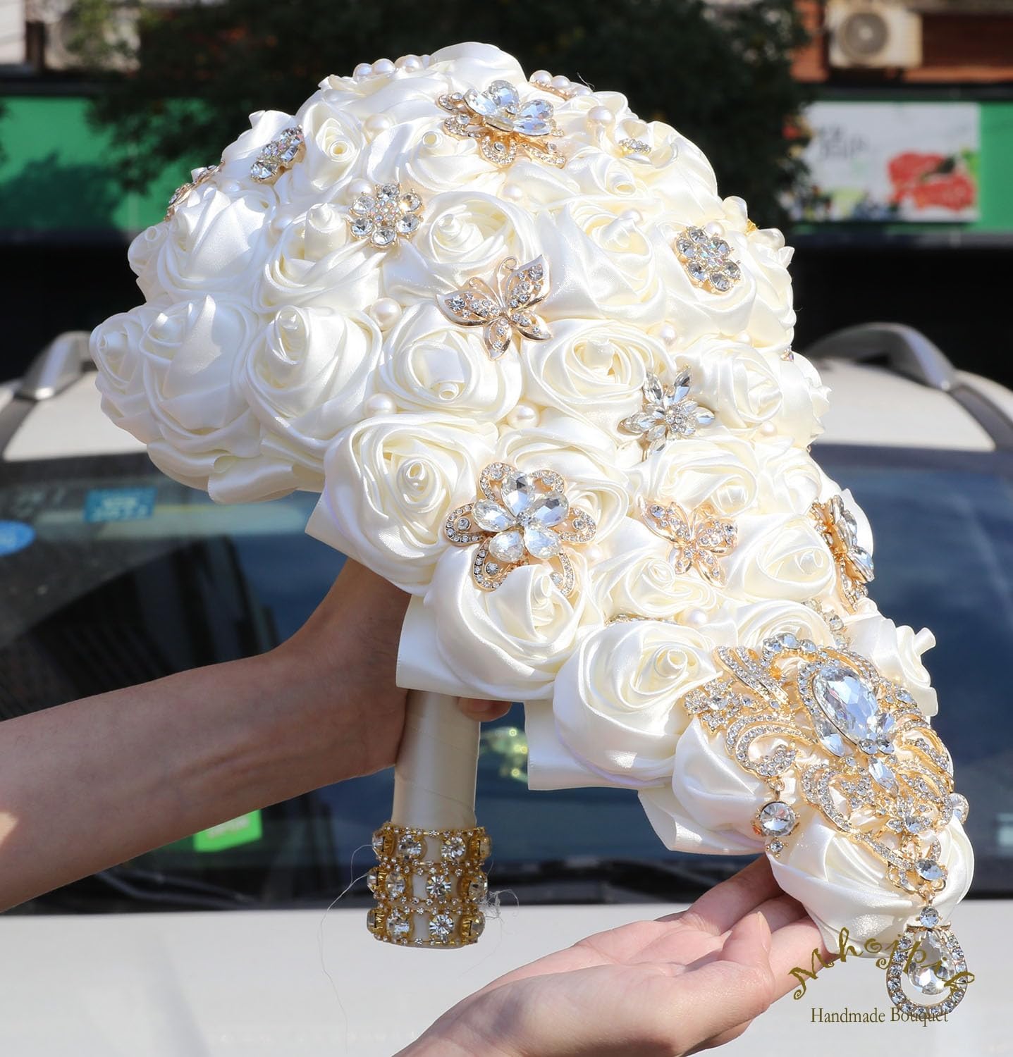 Luxury Cascade Bridal Wedding Bouquet Satin Rose Waterfall Holding Bouquet Artificial Flower Bunch for Bride Bridesmaid(Ivory, 15" x 7.5") - Image 7