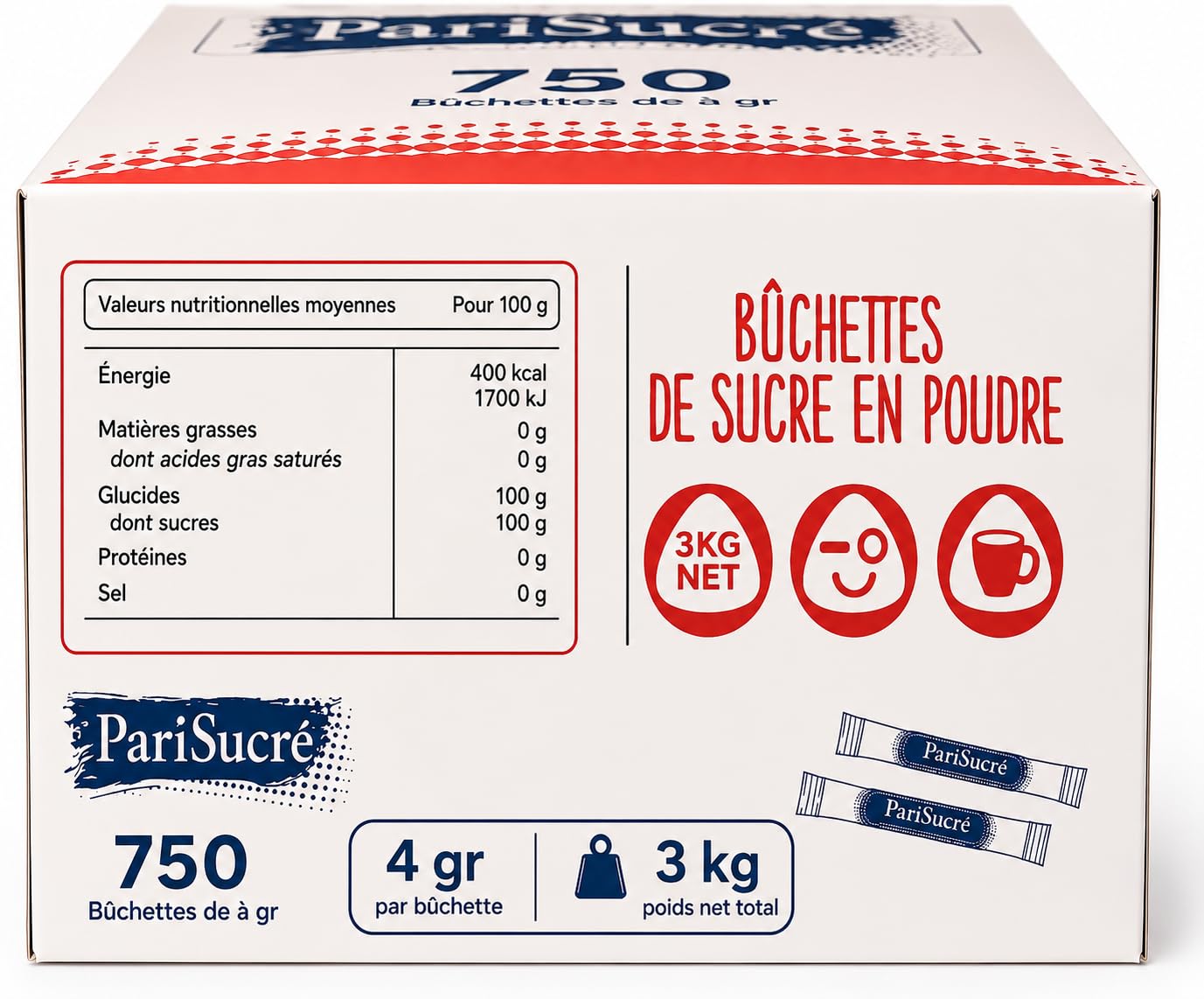 Lot de 1500 Dosette Sucre (750 x 2) - Bûchettes Individuels de 4g (TOTAL 6kg) avec un lot d'agitateurs en bois - Idéal pour les Boissons Chaudes, Cafés et Thés