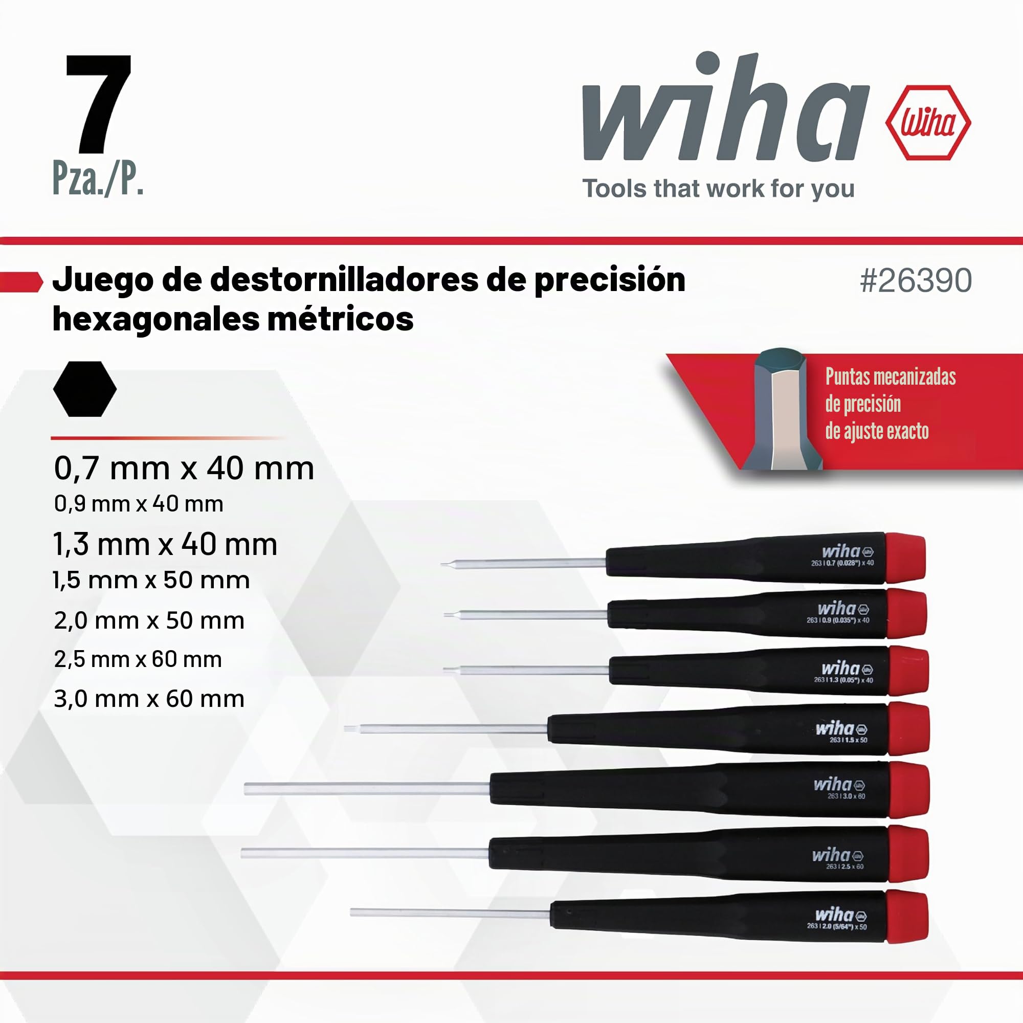 Wiha 26390 - Juego de destornilladores hexagonales métricos con mango de precisión, 7-3 mm, 7 piezas