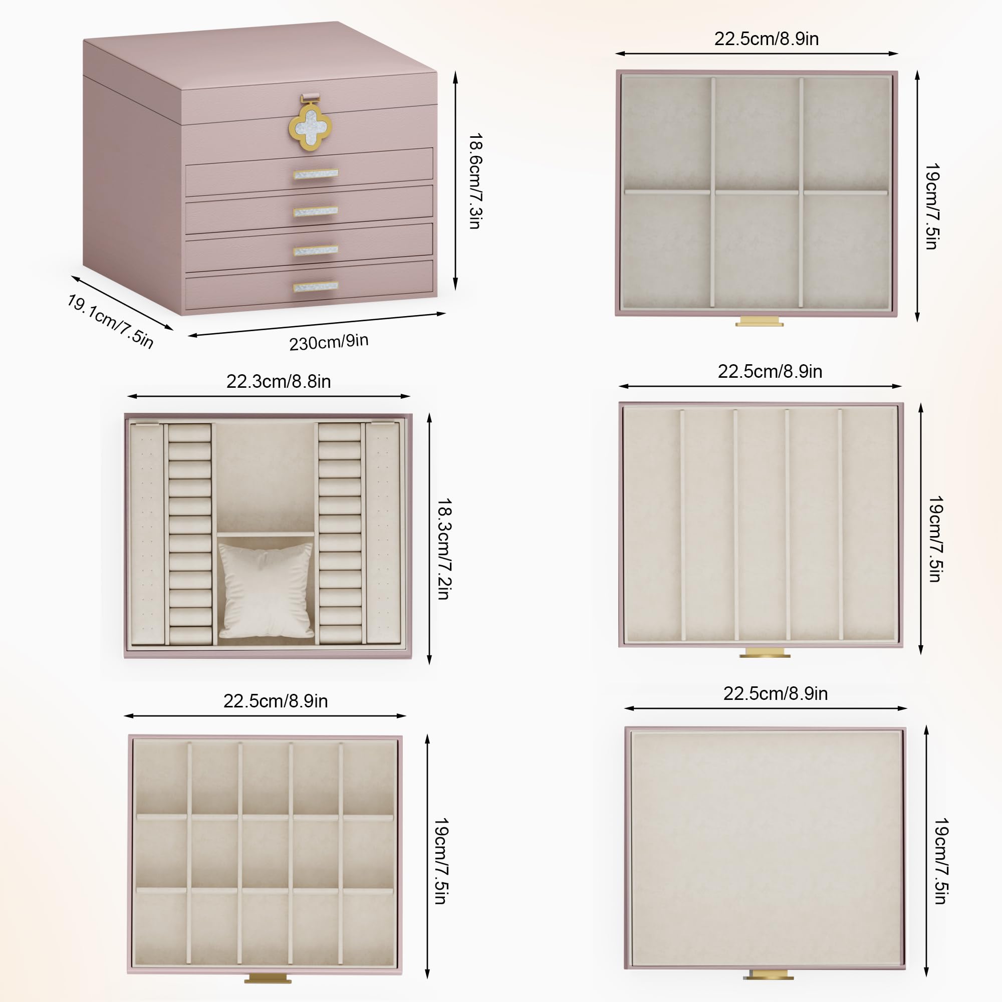 ADEL DREAM Portagioie a 5 ripiani con bottone a forma di quadrifoglio, con vassoio estraibile, con grande specchio, scomparti regolabili fai da te, per mamme e ragazze, rosa