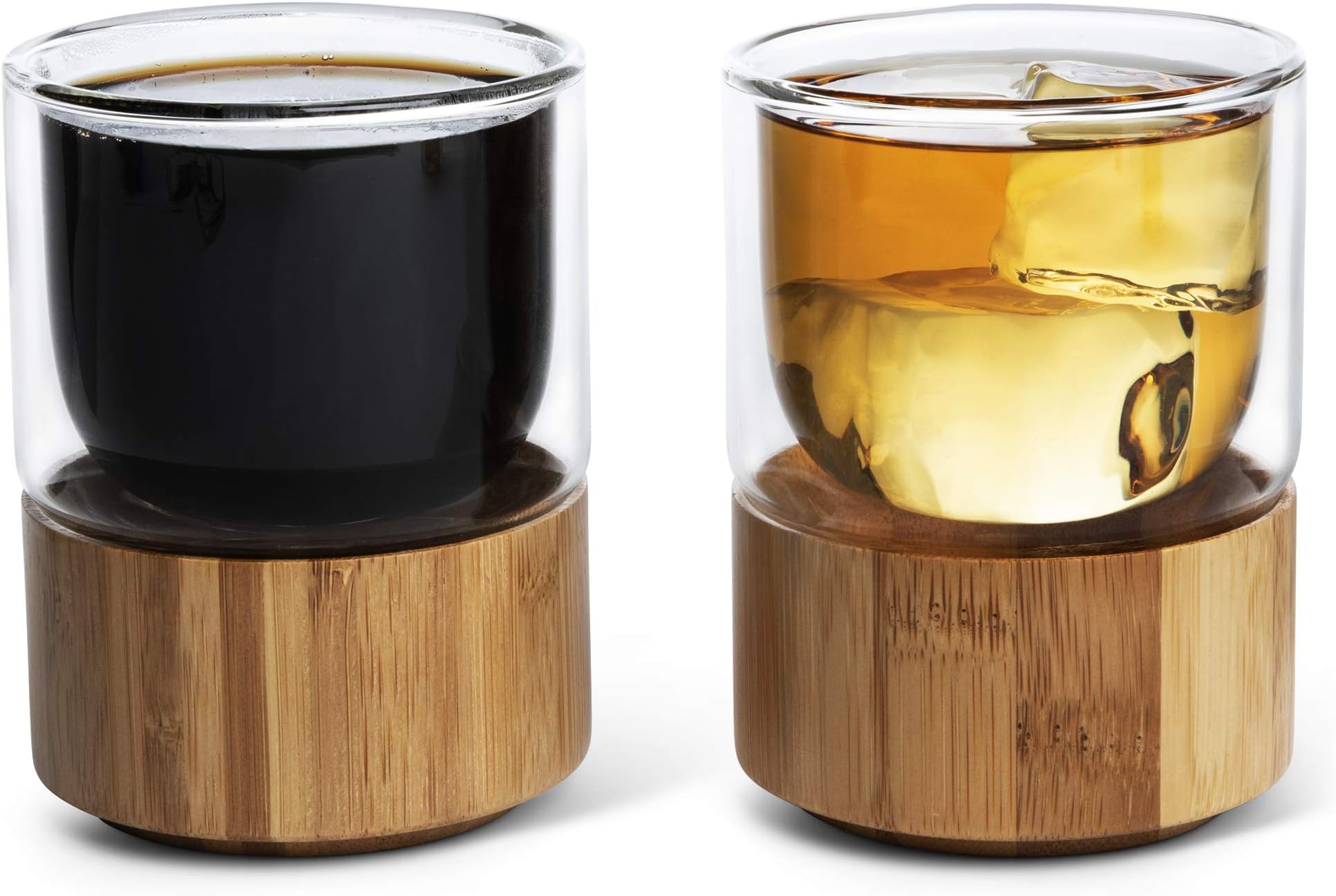 Double Wall Insulated Glass Set with Bamboo Base, Two Unique 7oz 200ml Glasses. Perfect for Espresso, Latte, Cappuccino, Macchiato, Cold Brew Coffee, Tea, Spirits, Liquor, Cocktails