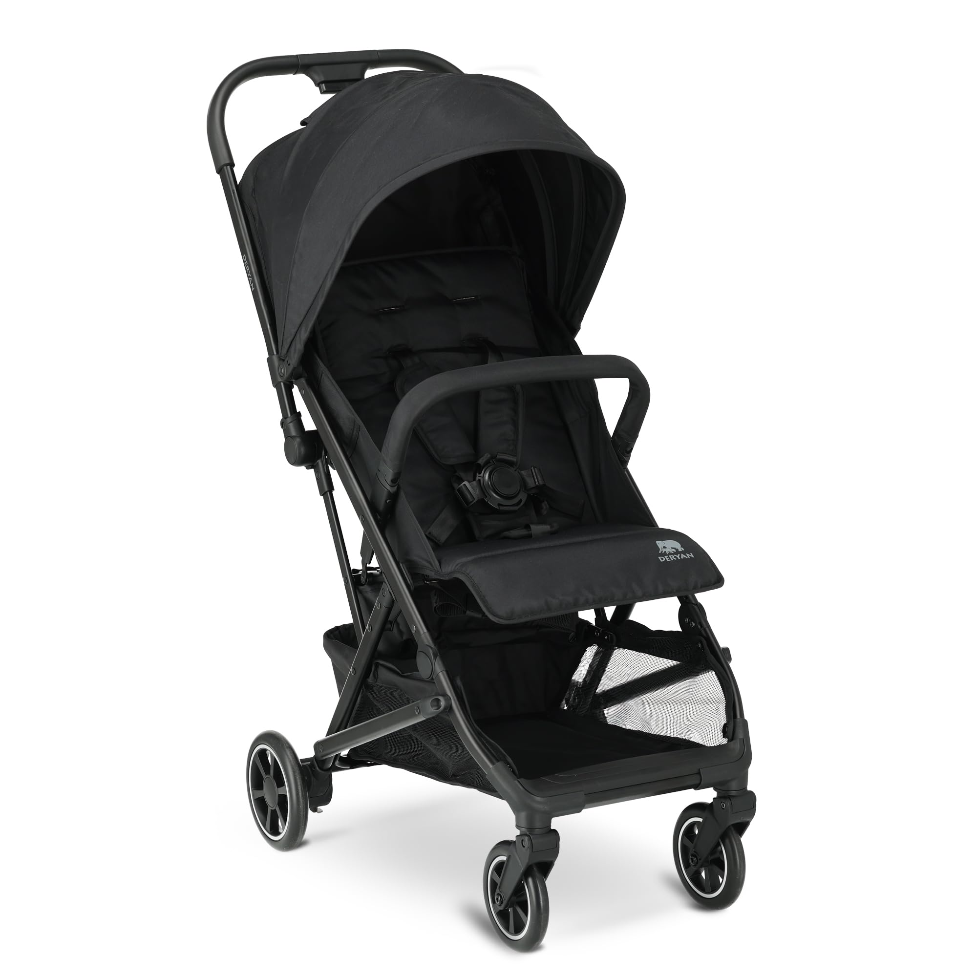 Deryan Easy, Passeggino 0+ Mesi-22 Kg, Passeggino Leggero con Chiusura Smart e Compatta, Capotte Estensibile con Trattamenti UV50+ Antipioggia, Regolabile, Poggiagambe, Nero