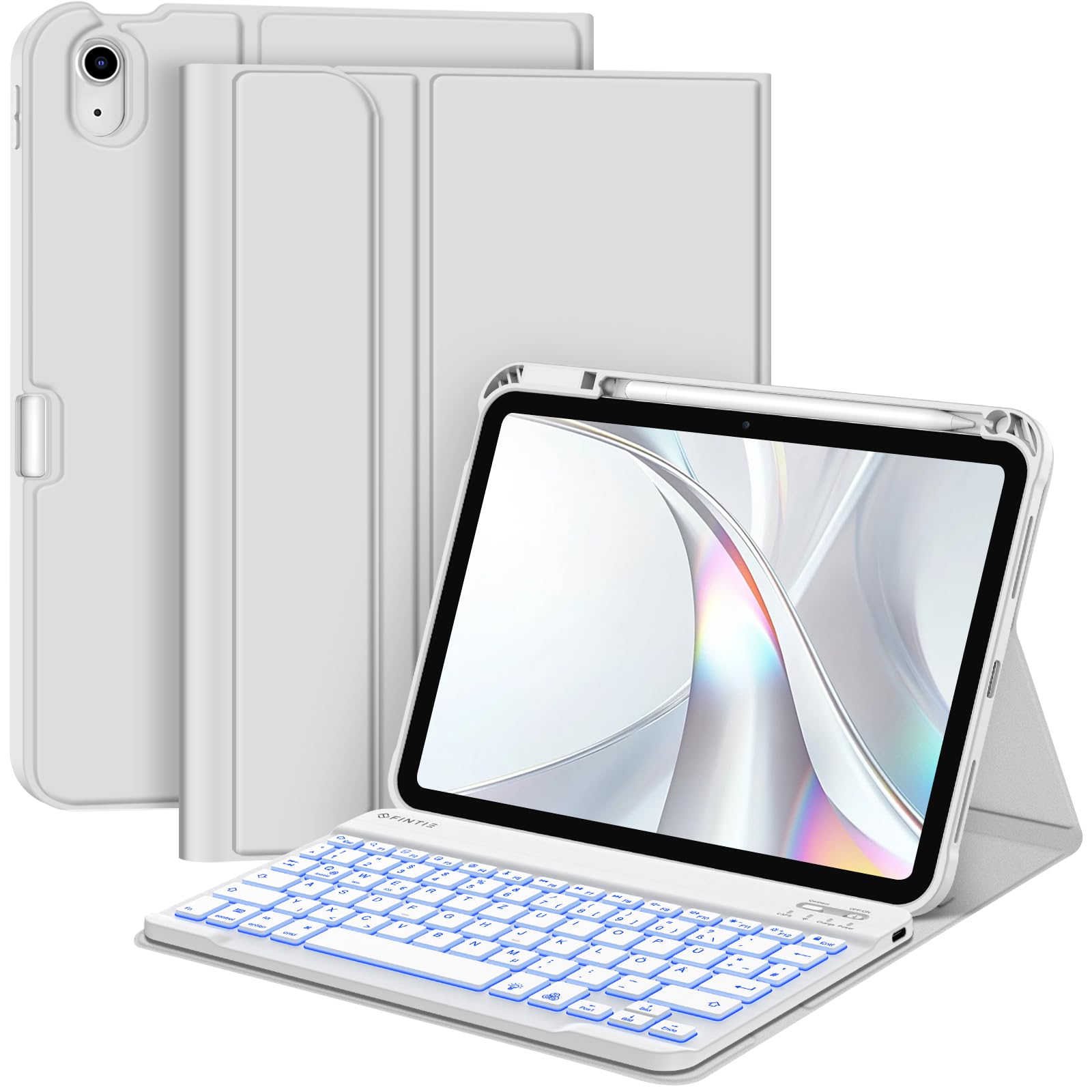 FINTIE Hülle mit Tastatur für iPad A16 11 Generation/10 Gen (11/10.9 Zoll, 2025/2022), 7-farbige Hintergrundbeleuchtung, Magnetische abnehmbare Bluetooth-Tastatur Hülle mit Stifthalter,
