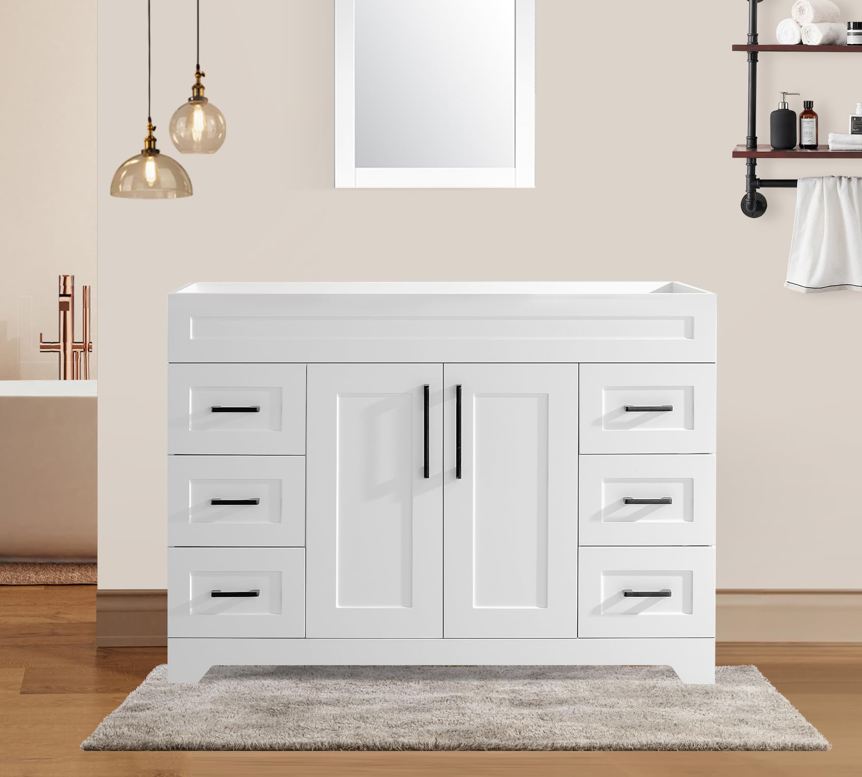 SSFEG 48" Bathroom Vanity Without Sink,Modern Solid Wood Bathroom Vanity Cabinet with 2 Soft Closing Doors and 6 Drawers,Spacious Storage Cabinet in