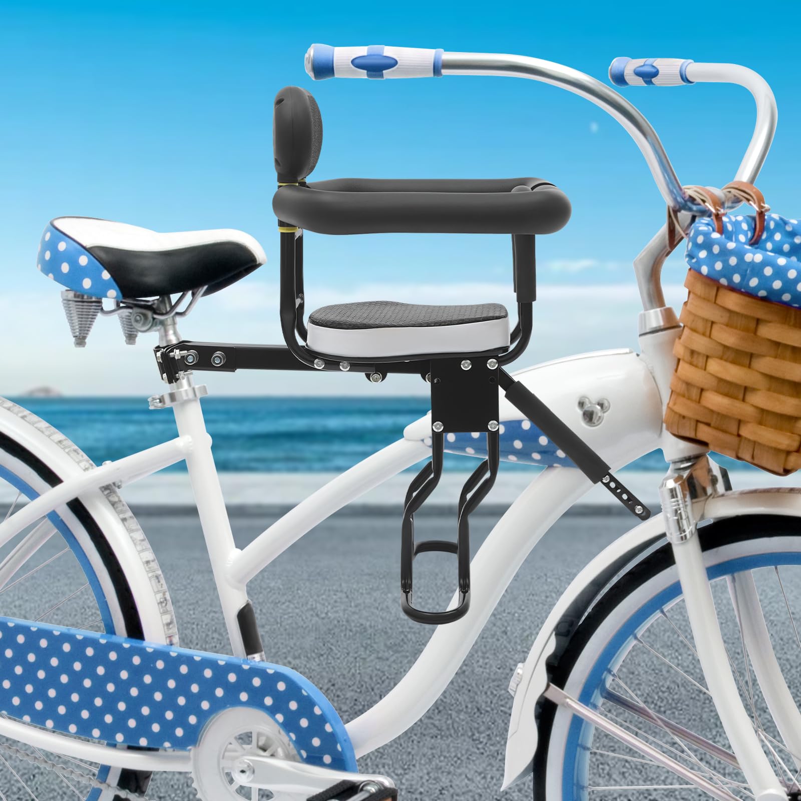 Seggiolino anteriore per bicicletta, sedile per bicicletta con braccioli e poggiapiedi, supporto di sicurezza per bicicletta con doppio fissaggio, sponda di protezione rimovibile, poggiapiedi