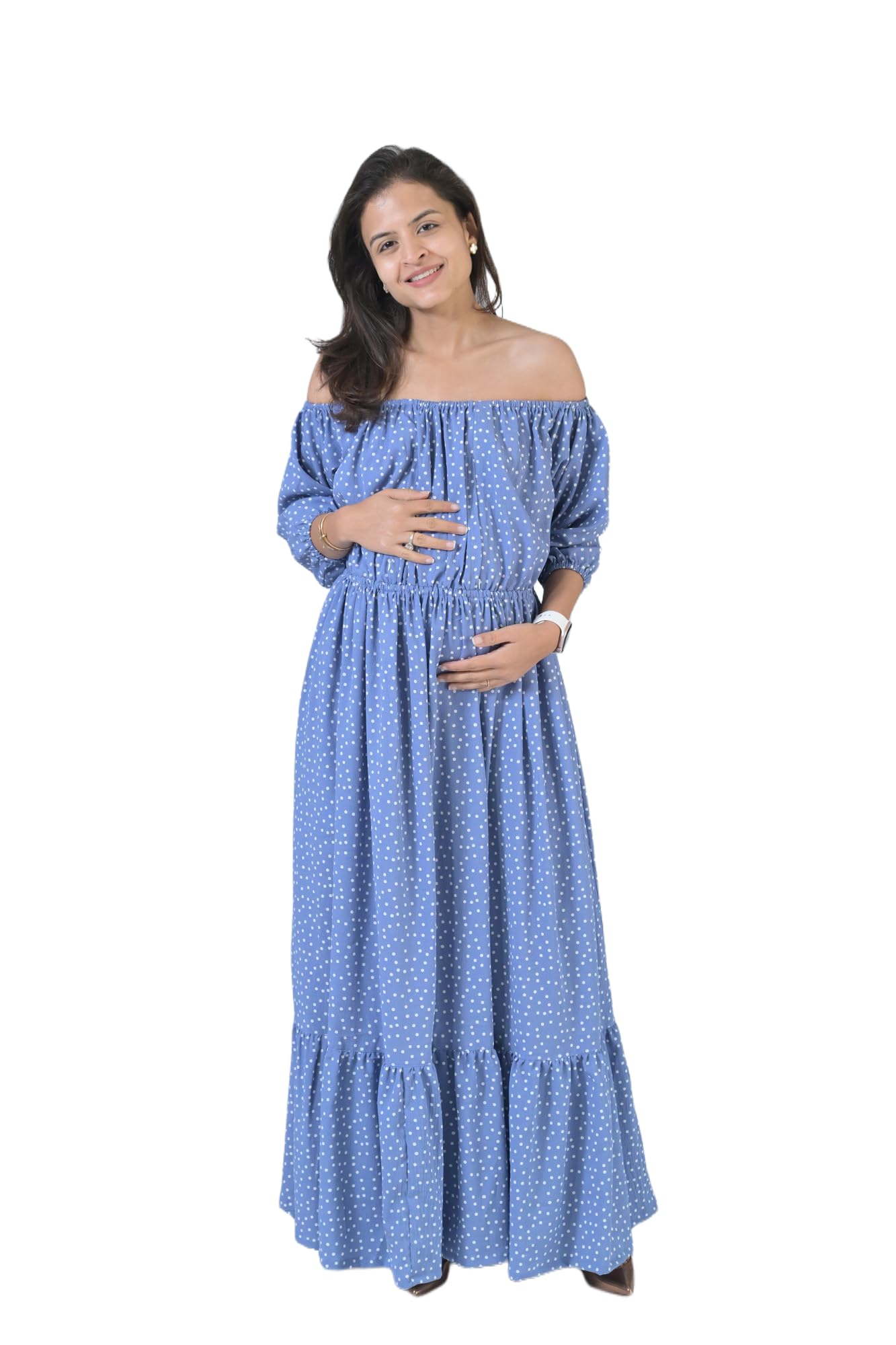 momzjoy Sea Blue Polka Off-Shoulder Maternity & Nursing Maxi Dress for Women-picture-11