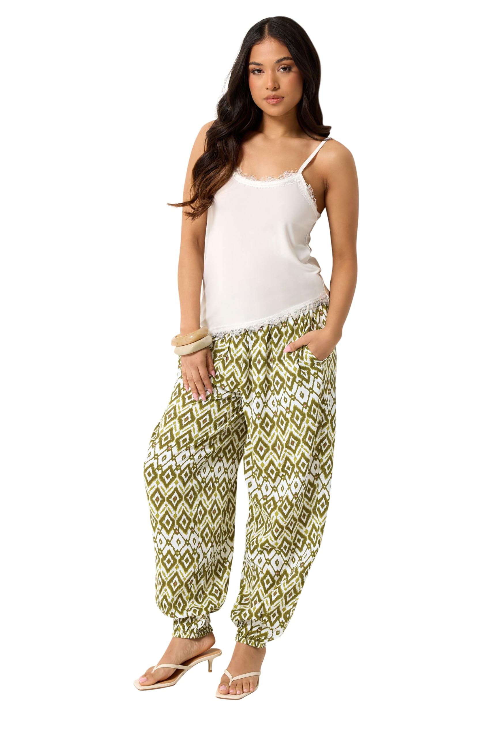 Pixiegirl Women's Green Petite Abstract Harem Trousers Size Petite > 14
