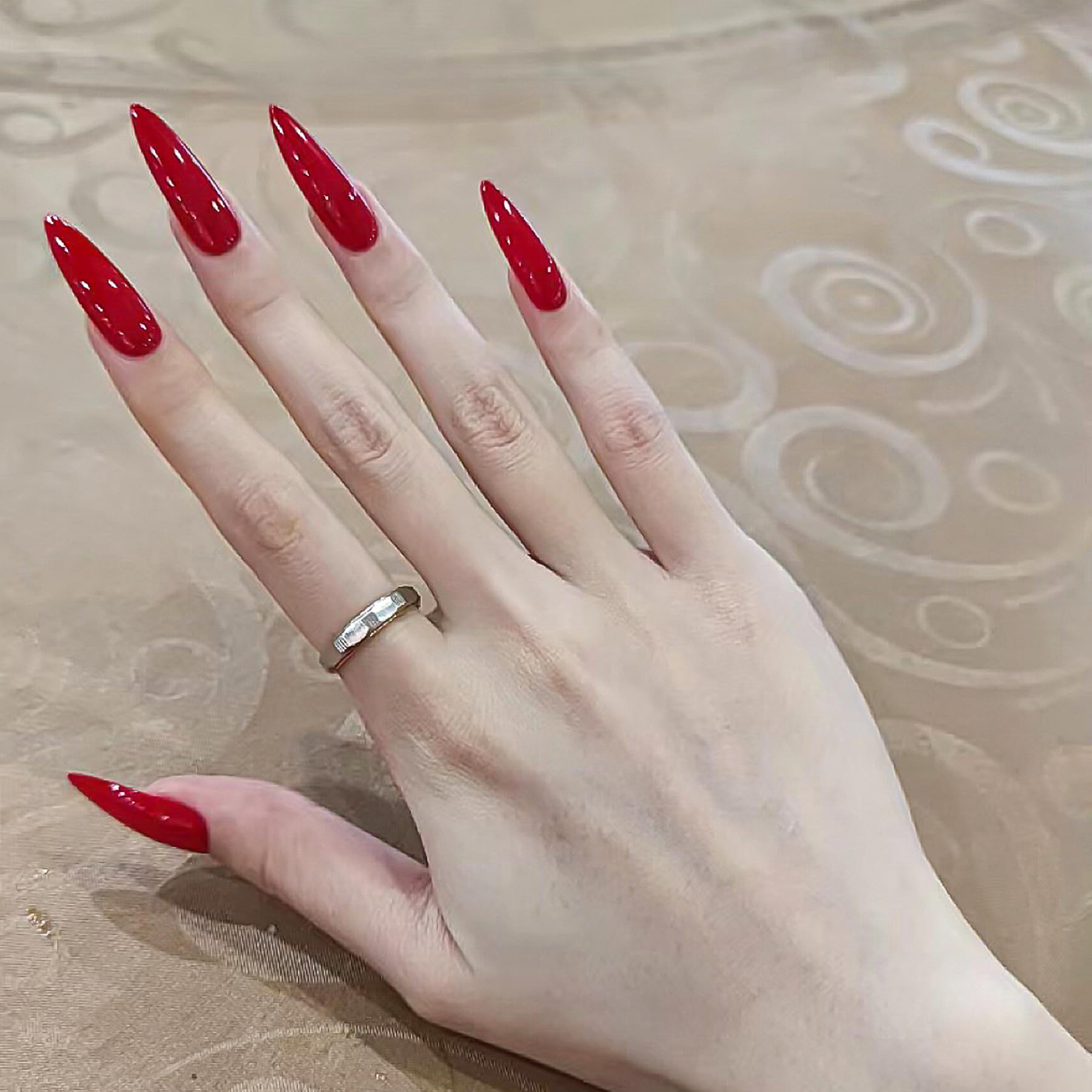 Jexotolu Long Stiletto Press on Nails Red Almond Fake Nails with luxury Mirror Designs Red Long Tip False Nails, Solid Color Full Cover Nails Press ons Stick on Nails for Women. 24 Pcs