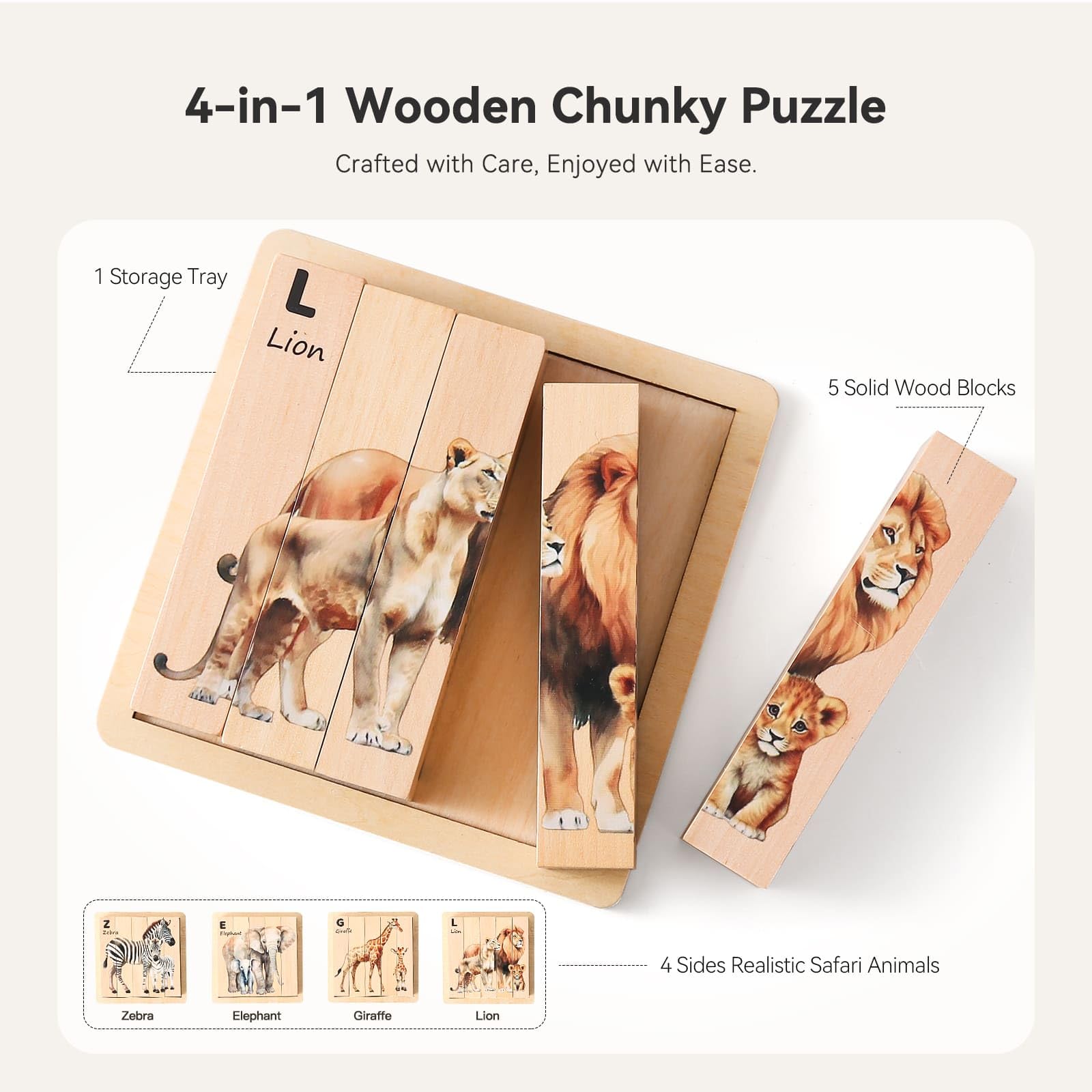 IEATFO 4 in 1 Wooden Animal Chunky Puzzle, 5 Solid Wood Puzzle Blocks with 4 Sides Realistic Safari Animals, Wooden Block Puzzle with Durable Base for Toddlers 3+ Years - Montessori Inspired