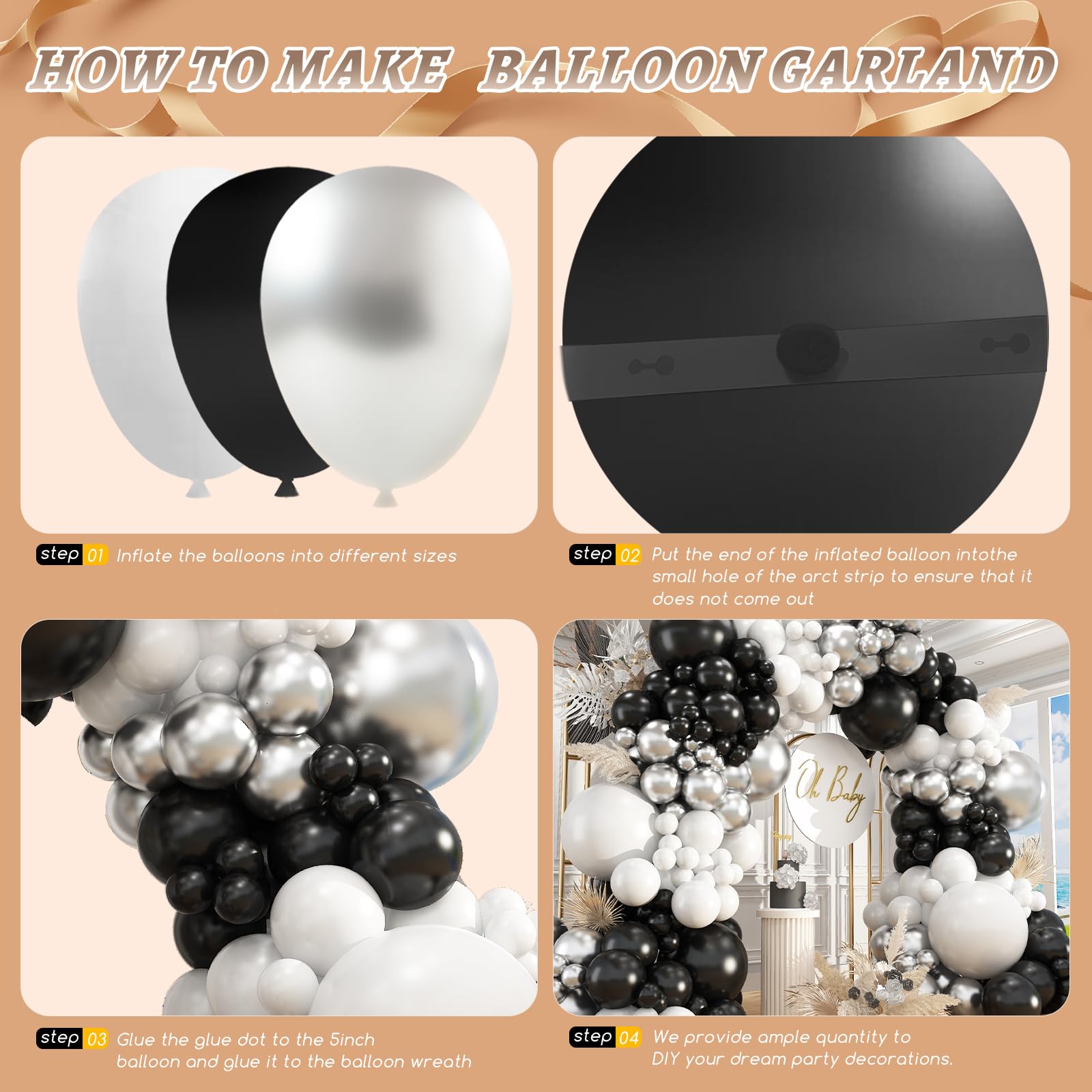 Kit de 412 arcos de globos en blanco y negro, 18, 12, 10, 5 pulgadas, diferentes tamaños, globos blancos y plateados para graduación, cumpleaños, bodas, decoraciones de fiesta