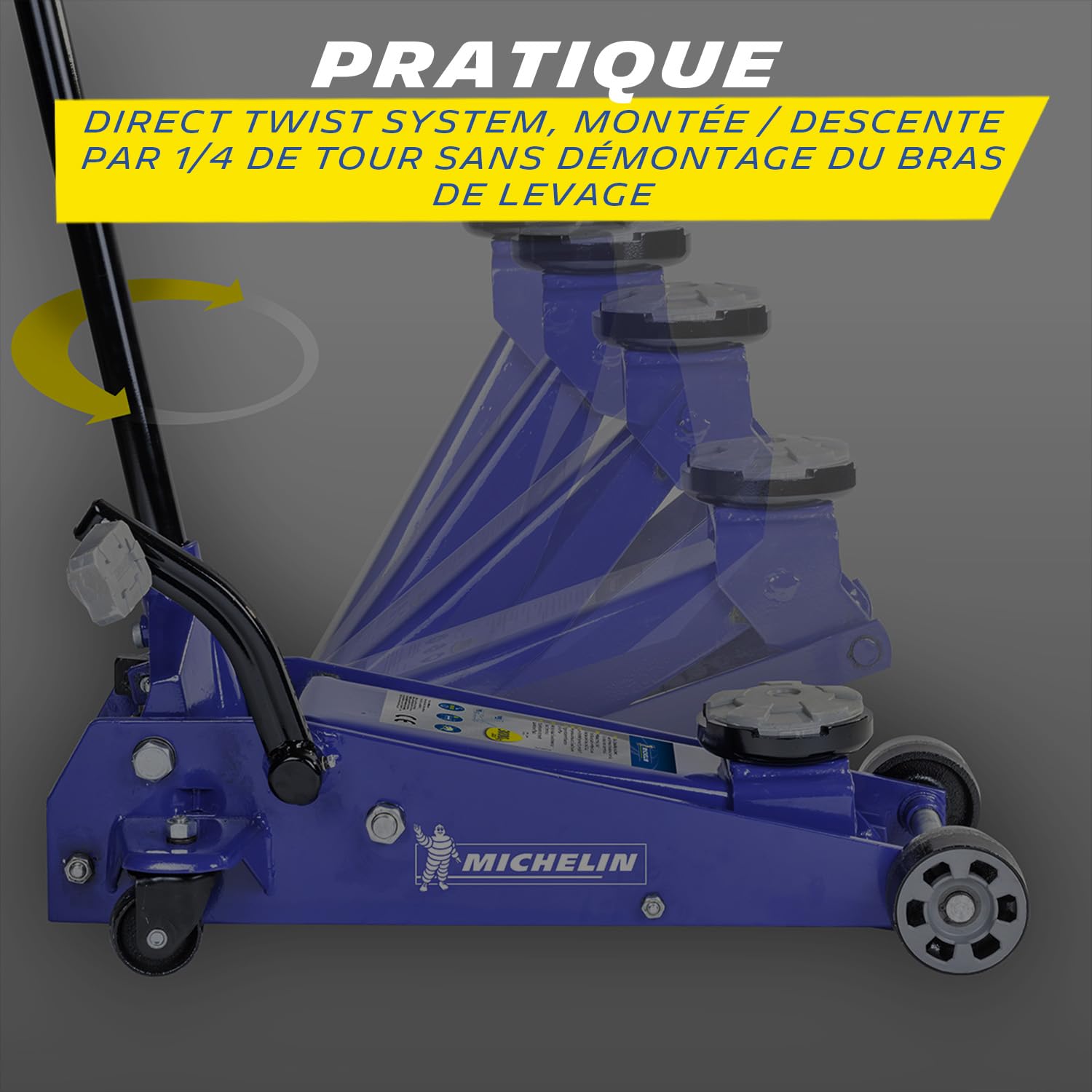 MICHELIN 009554 Cric Hydraulique 3T Levage Rapide – Hauteur 145-490 mm – Direct Twist System – Idéal SUV, 4x4, Camping-Car, Utilitaires – Bras Long 100 cm avec Protection Caoutchouc, Roues Pivotantes