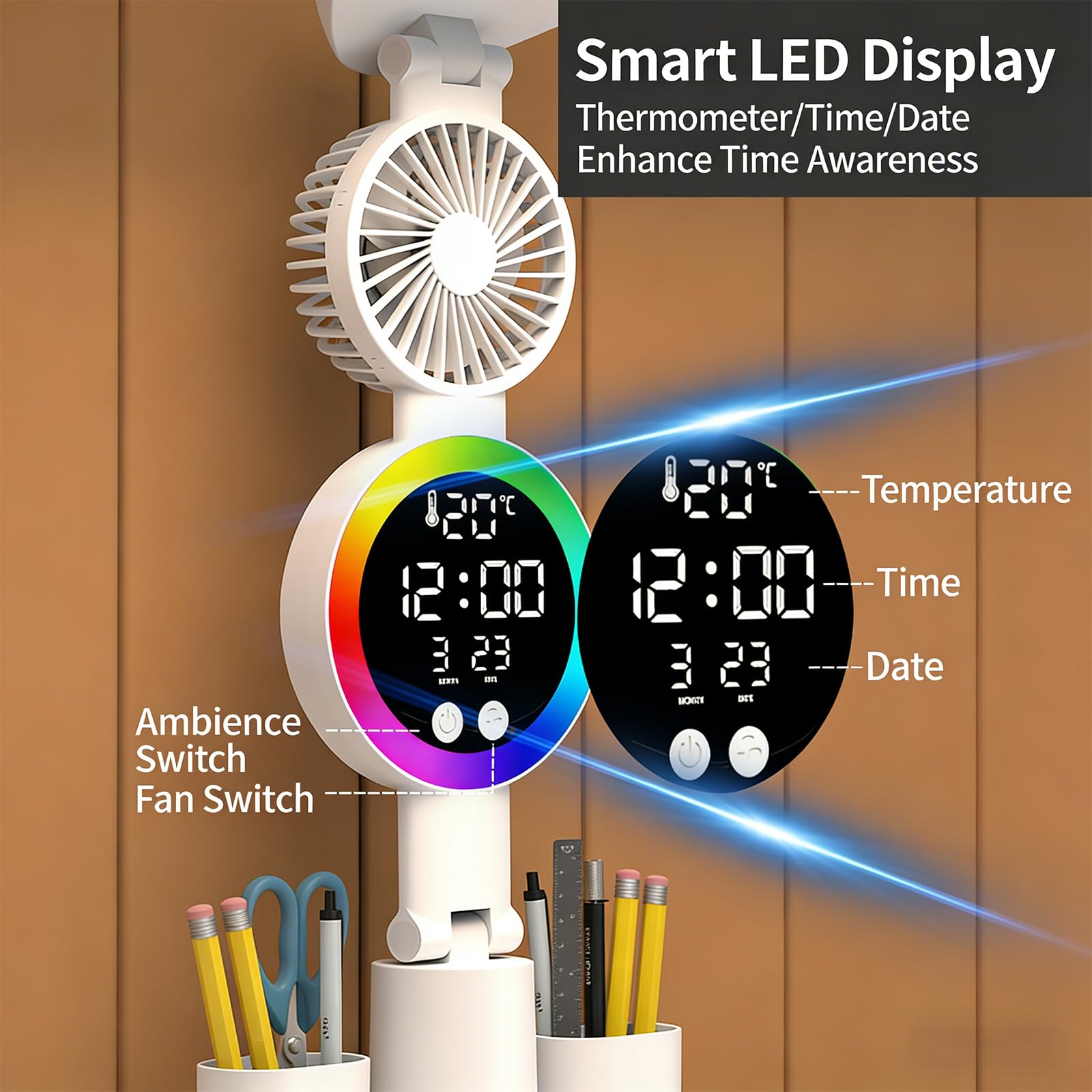Lampada da scrivania a LED flessibile con ventola integrata che offre colori luce modificabili, batteria ricaricabile per un utilizzo silenzioso e trasportabile Lampada da scrivania con ventola
