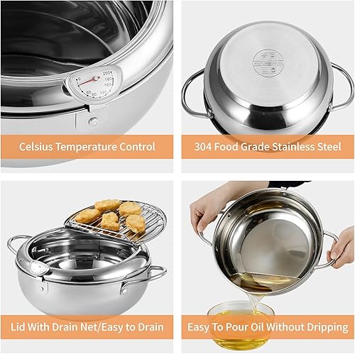 Miniatura 2 de Olla para freidora, 9.4 pulgadas3.4 L de tempura Janpanese con tapa, termómetro de acero inoxidable con control de temperatura y escurridor de goteo