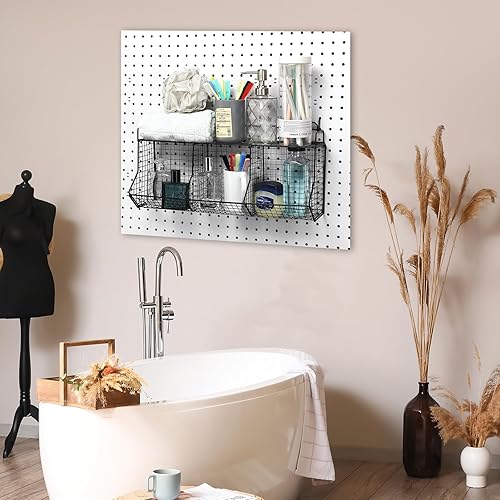 Miniatura 7 de Huwena Juego de 2 cestas escalonadas para tablero perforado con 4 ganchos para tablero de clavijas, sistema de almacenamiento de piezas de tablero