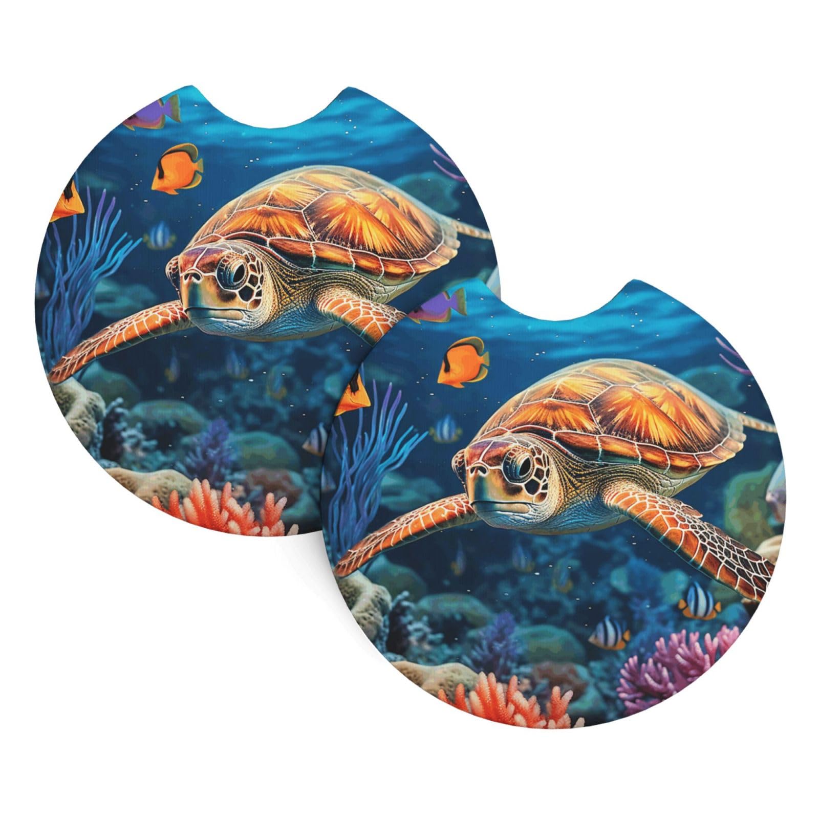 2 Pack Car Coaster for Cup Holders Ocean Sea Turtle Tropical Fish Starfish Car Cup Coaster 2.7" Neoprene Non-Slip Automotive Cup Mat Universal Auto Car Interior Accessories for Women Men Cup Pad