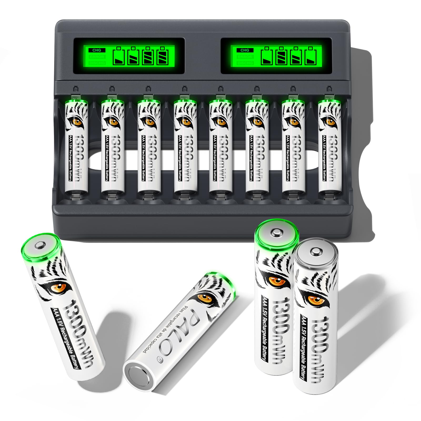 Pack de 8 Pilas AAA de Litio Recargables Con Cargador, 8 Ranuras USB C Tipo-C, Carga Independiente, LCD Cargador Rápido Inteligente, 1,5 V