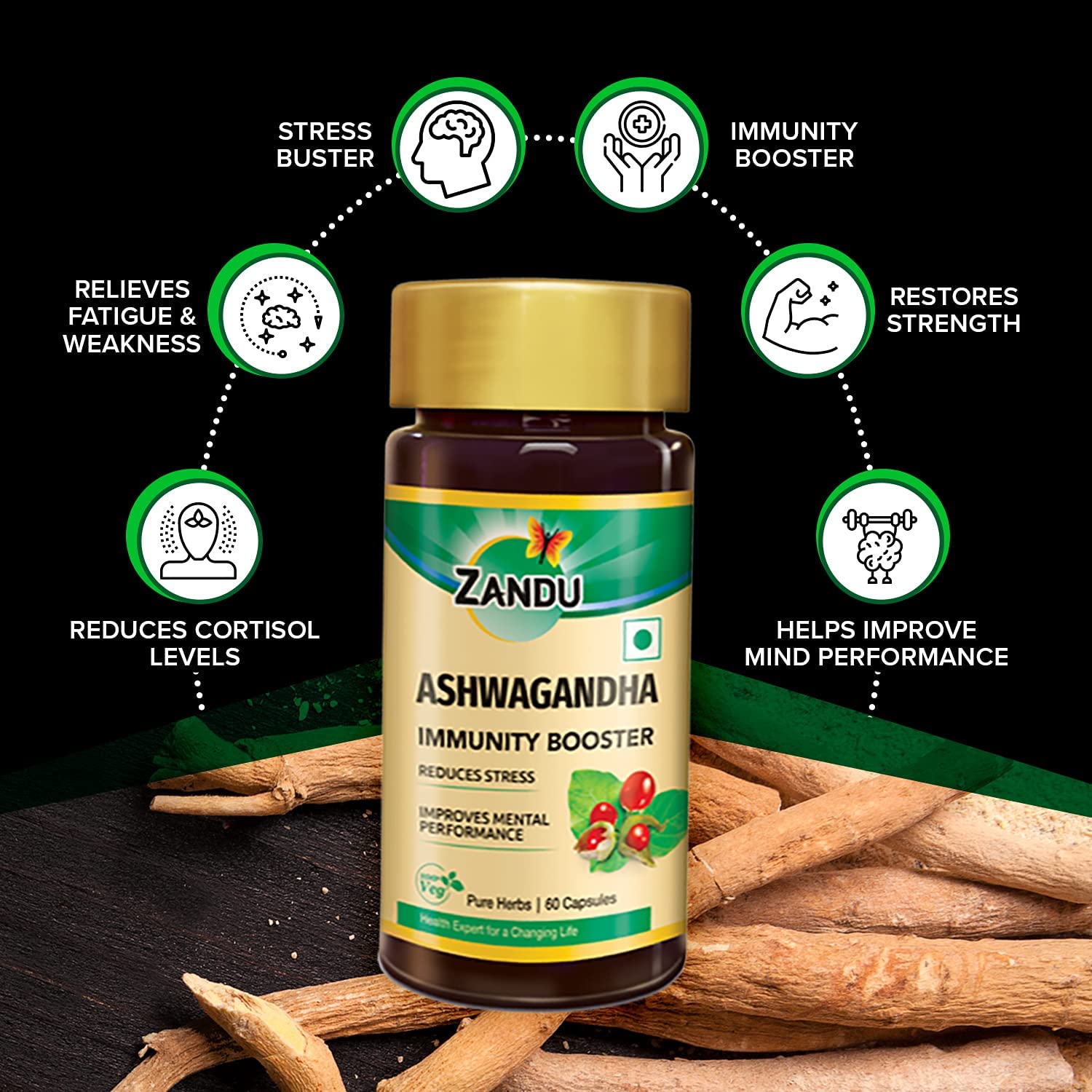 Zandu Ashwagandha 60 Veg Caps | 100% Pure Ashwagandha Root Extract | Scientifically Proven for Stress Relief With 5X Withanolide*| Boosts Immunity & Stamina | Rejuvenates Mind & Body| No Preservatives 2