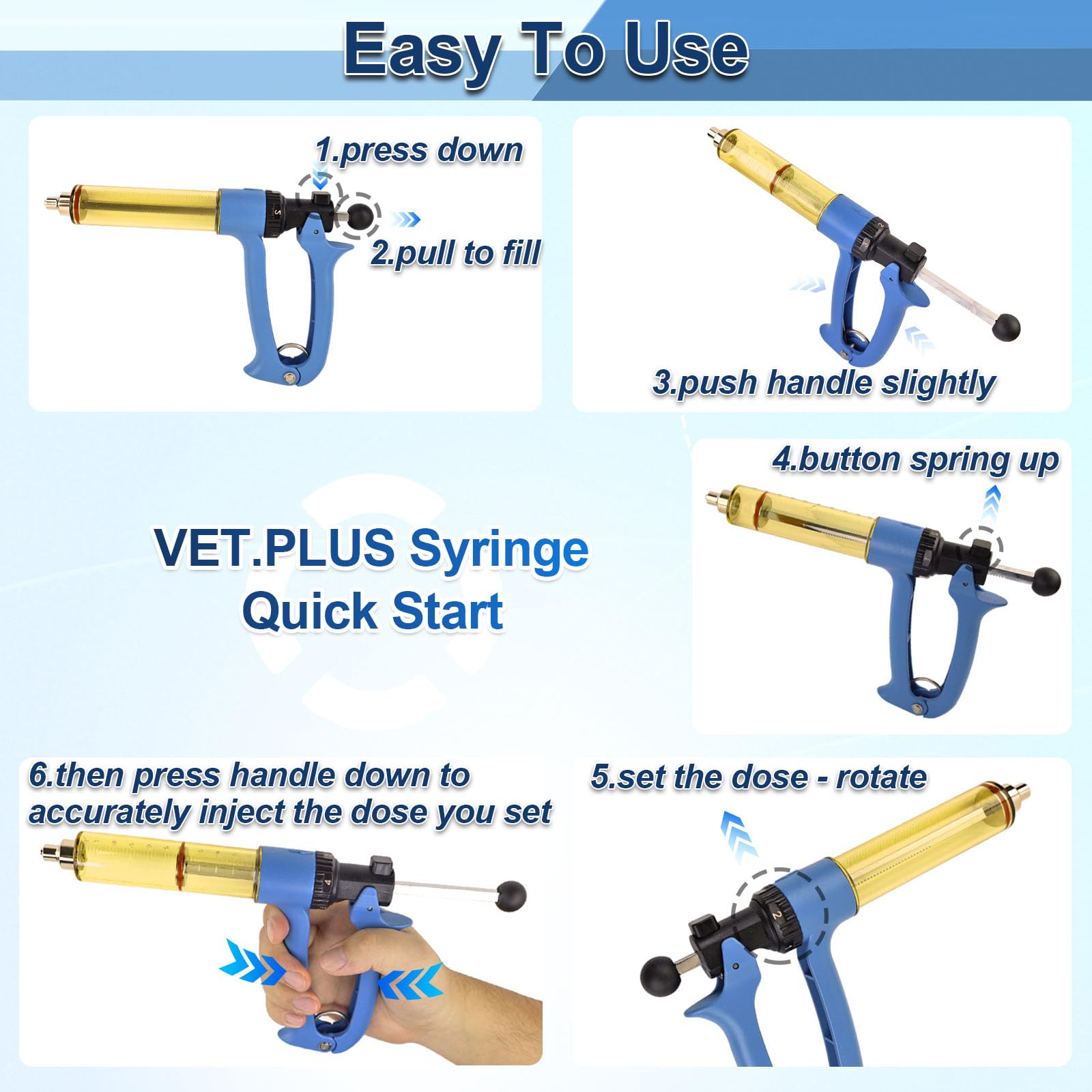 VET.PLUS Siringa automatica per bestiame da 50 ml per mucca, capra, maiale, pecore, pistola vaccinale per bestiame a ripetizione continua, siringa veterinaria con interfaccia Luer Lock regolabile