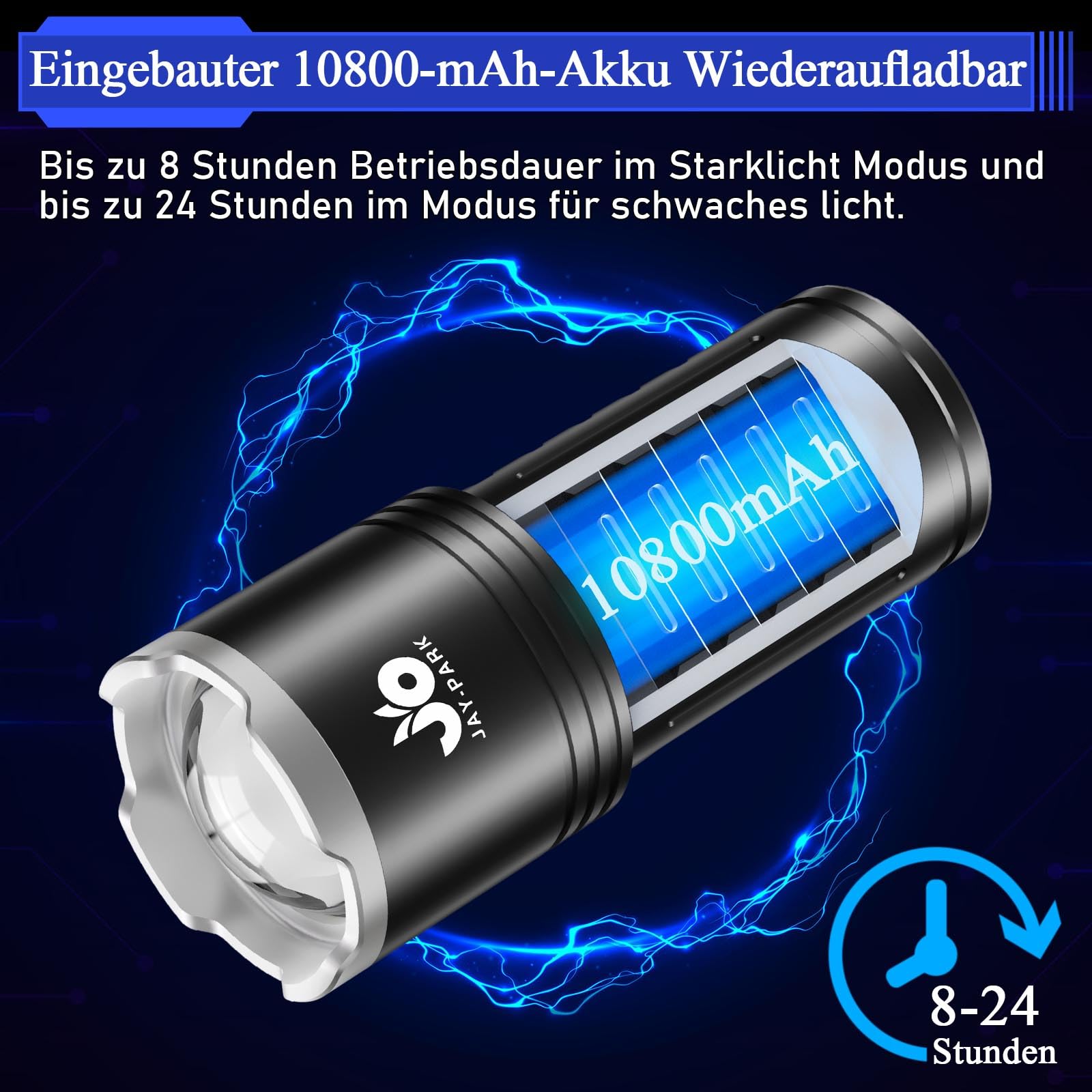 JAY-PARK Linternas LED Alta Potencia 1000000 Lúmenes, Batería Recargable Integrada De 10800mAh, Largo Alcance 5 Modos, Zoom, Impermeable IPX7 linterna Táctica Adecuado Para Acampar, Pasear, Familiar | Pantalla LCD de alimentación, 5 modos de iluminación,