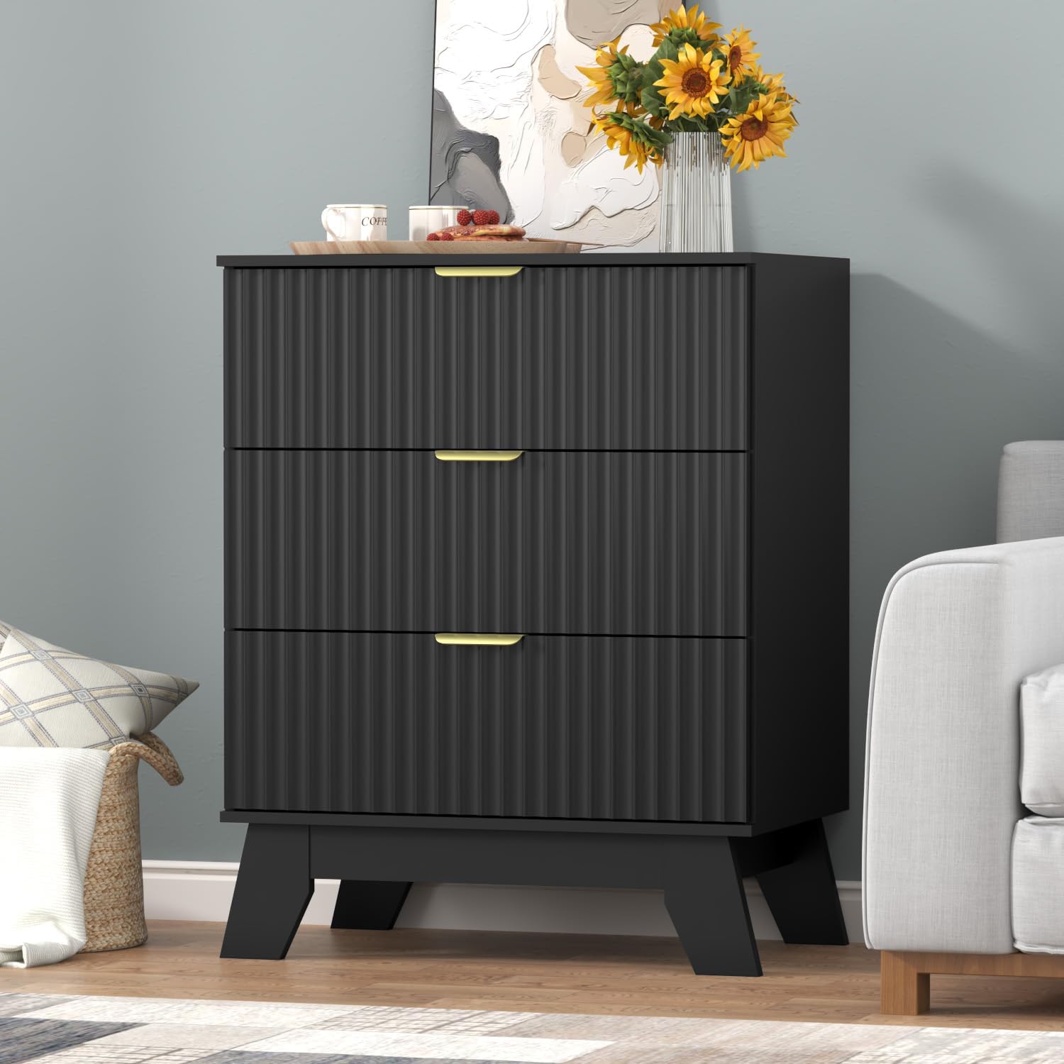 Thacuok Fluted 3-Drawer Nightstand Dresser - 24" Wide Modern Bedroom End Table with Curved Metal Handles, Black