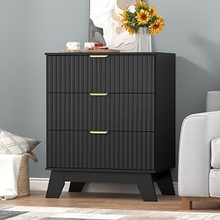 Thacuok Fluted 3-Drawer Nightstand Dresser - 24" Wide Modern Bedroom End Table with Curved Metal Handles, Black
