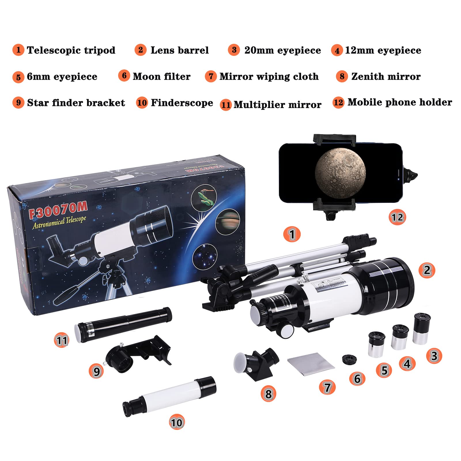 Télescope astronomique Adulte, Telescope astronomique pour Enfants, 300/70 mm, élescope Adulte débutants, astronomes Amateurs, avec trépied, 3 oculaires et Adaptateur de téléphone