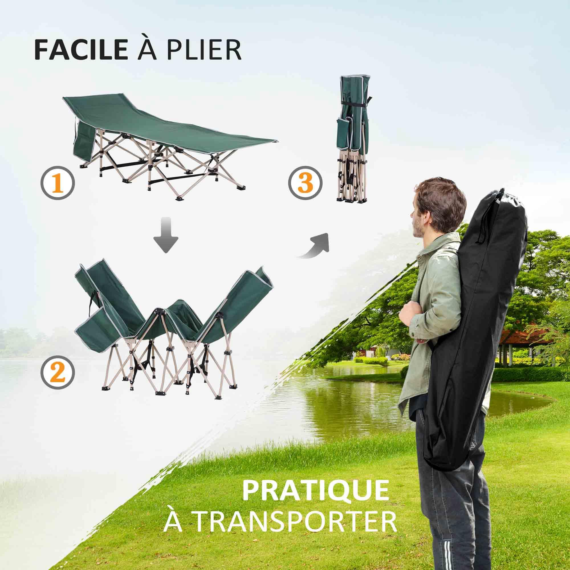 Outsunny Lit de Camping Pliable, lit de Camp pour Adultes, Cadre en Acier Sac de Transport Inclus Charge Max. 150 kg 190 x 68 x 52 cm