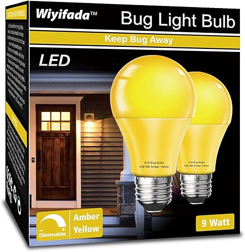 Paquete de 2 bombillas LED para insectos para exteriores, regulables, 9 W, color amarillo ámbar que reemplazan hasta 100 W, A19 CA 110 V para