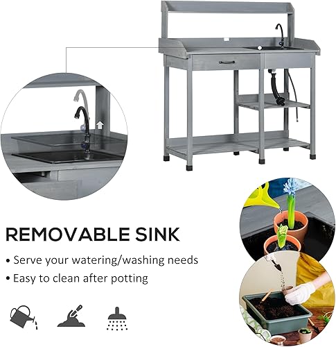 Vista 3 de Outsunny Potting Bench Table, Outdoor Garden Table Wooden Work Station with Removable Sink, Faucet, Drawer, Shelves, Hooks, Gray Gris,Madera