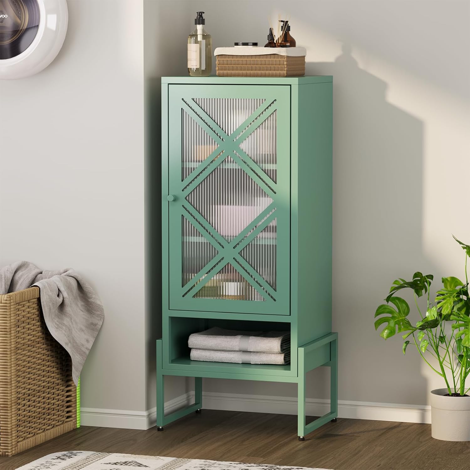 LEYNOT Small Bathroom Storage Cabinet 42.51“H Metal Bathroom Floor Cabinet with Adjustable Shelves for Pantry?Kitchen, Home Office, Living Room, Dinning Room (Green+Transparent Door Panel)