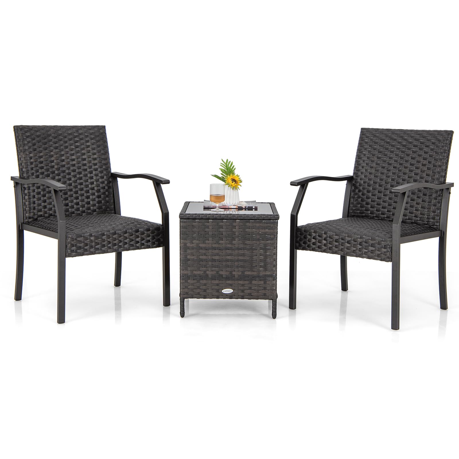 COSTWAY 3 Pieces Patio Rattan Bistro Set, Metal Frame Chairs and 2-Tier Table with Cushions and Glass Tabletop, Outdoor Wicker Conversation Set for Balcony Yard Garden Poolside