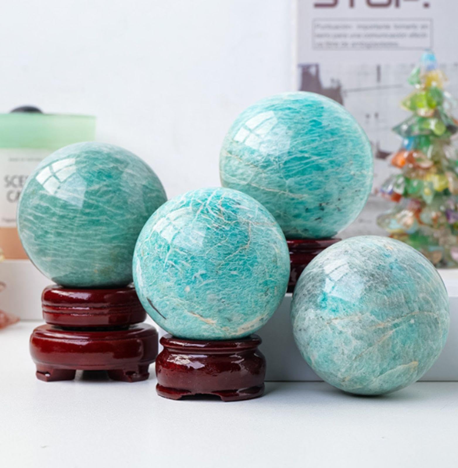 Naturalny Amazonit Feng Shui Mineralny Kamień Szlachetny Kula Uzdrawiająca Kryształowa Kula Rzeźba Figurka Z Drewnianym Stojakiem Do Dekoracji Wnętrz Wróżbiarstwo,75-80mm