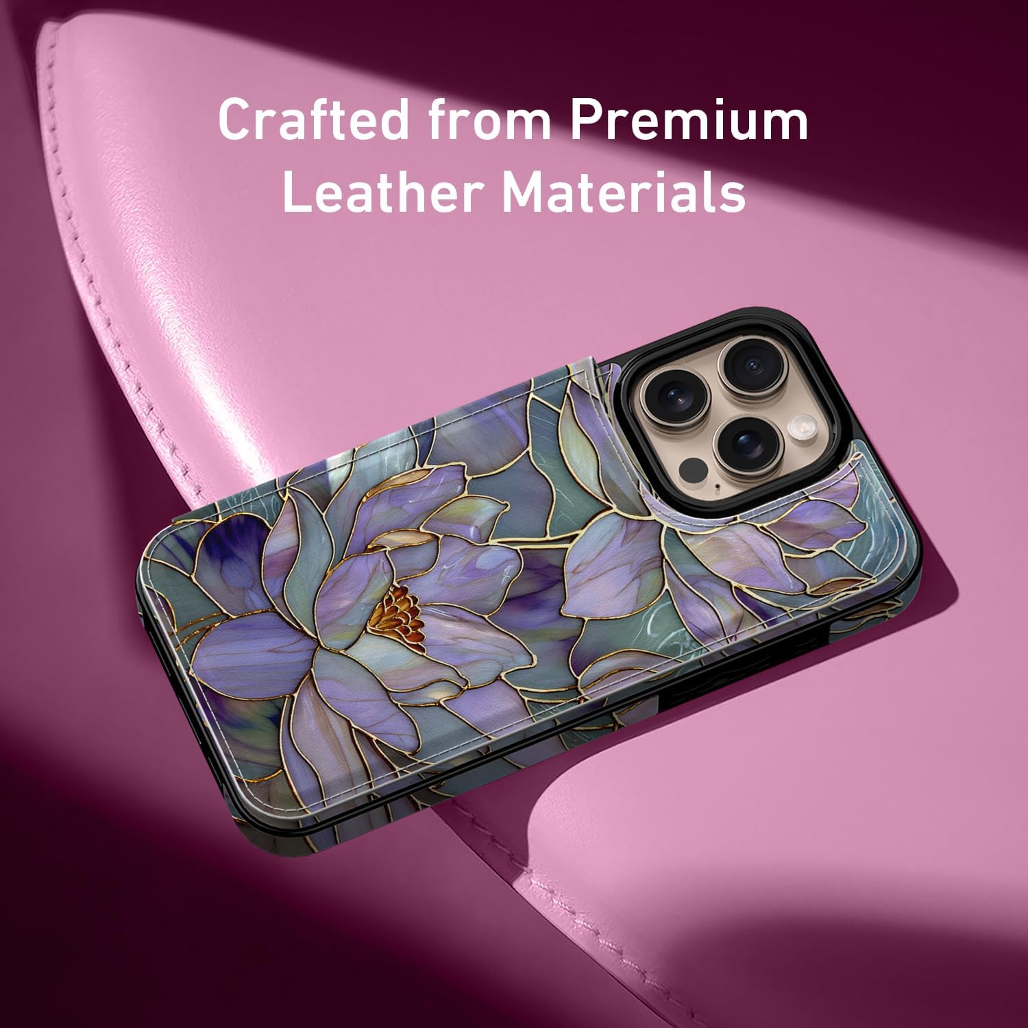 FUNMIKO for iPhone 16 Pro Wallet Case with Card Holder, RFID-Blocking, Military-Grade Protection & UV-Printed Artwork, Magnetic Closure with Leather Kickstand - Dreamy Lotus - Image 4