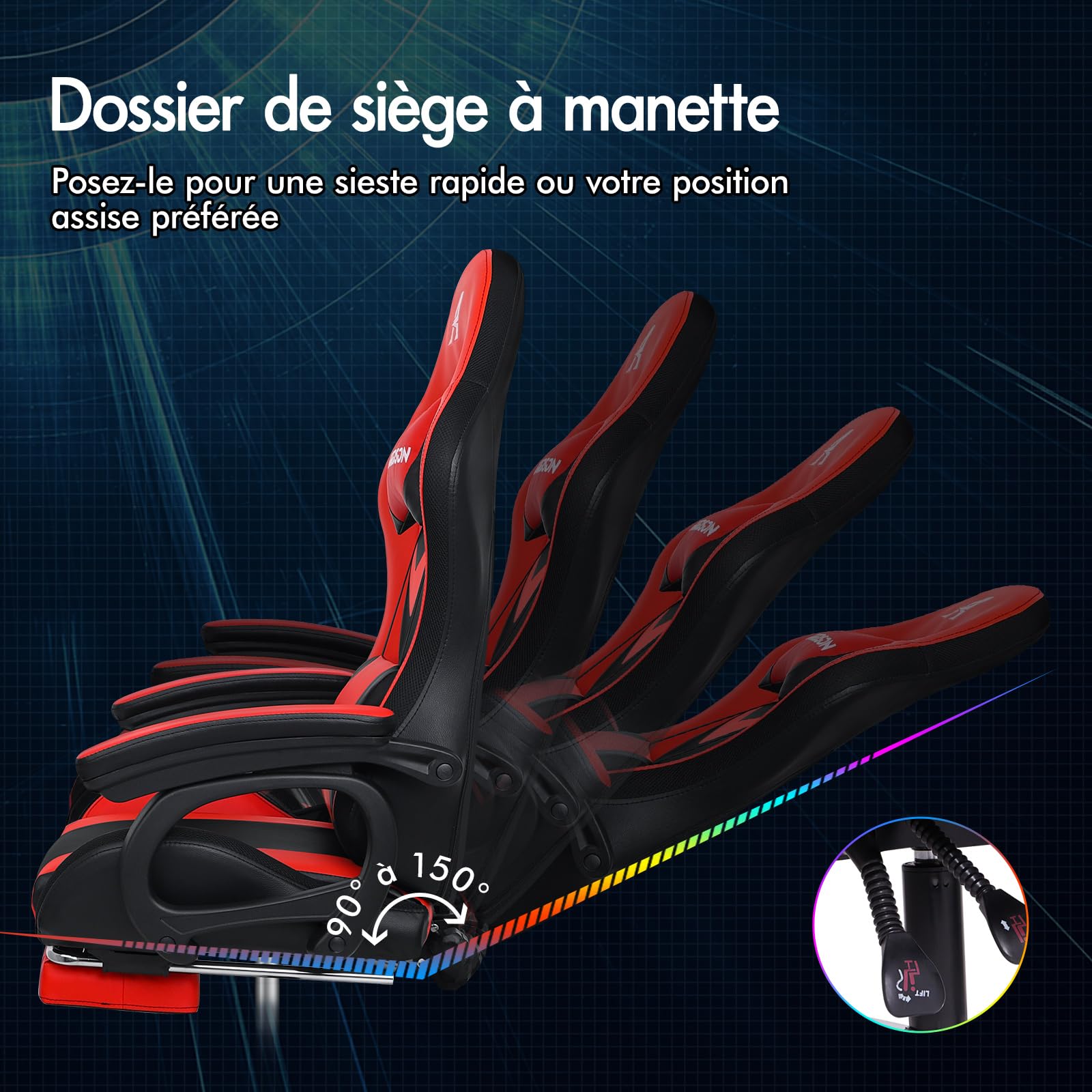 ALFORDSON LED Chaise Gaming, Siege Gaming avec Massage 8 Points, Fauteuil de Gaming Pivotant Ergonomique avec Éclairage RVB avec Support Lombaire et Appui-Tête, Hauteur Réglable, Rouge