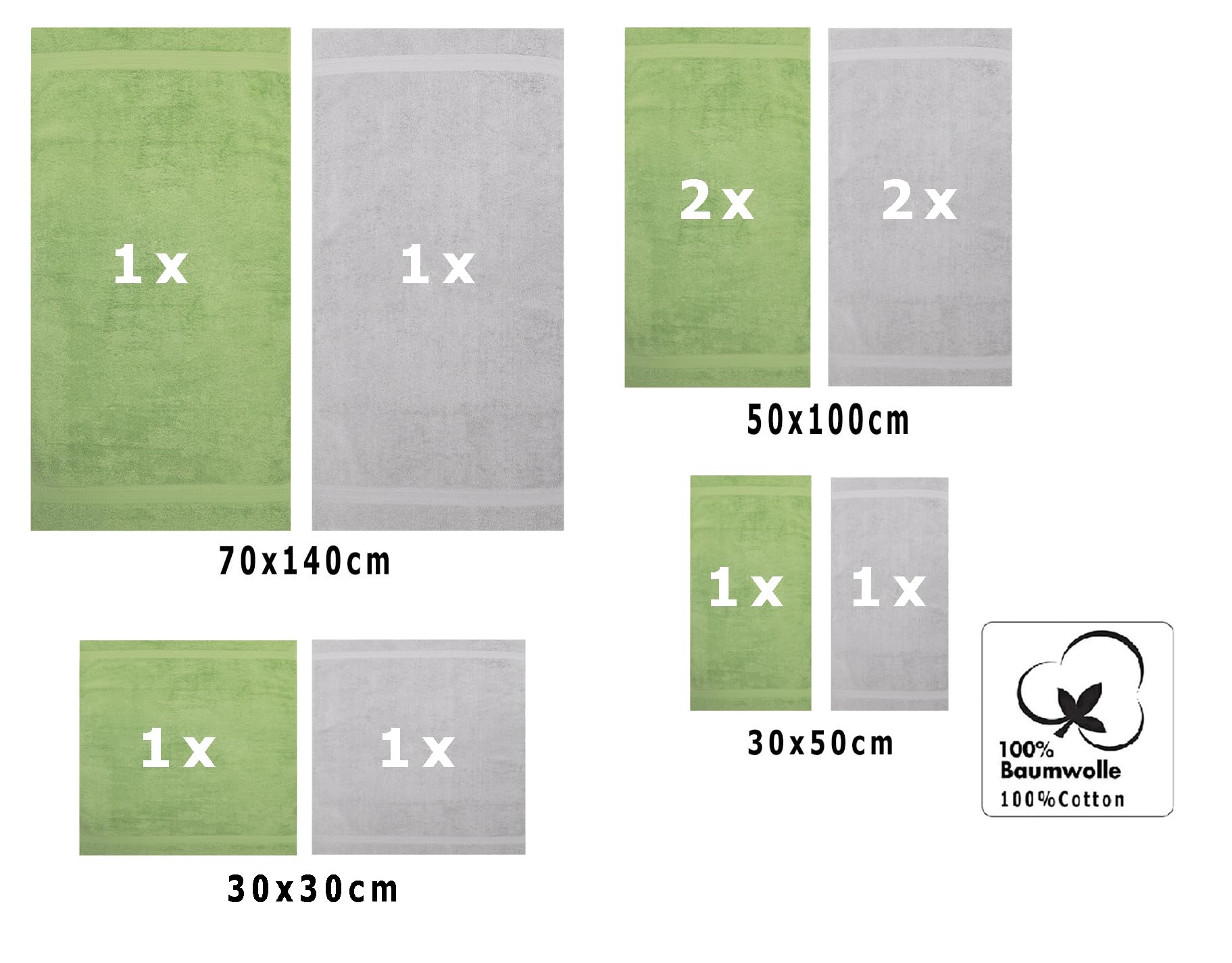 Betz Juego de 10 Toallas Classic 100% algodón 2 Toallas de baño 4 Toallas 2 Toallas de Mano 2 Toallas Cara de Color Verde Manzana y Gris Plata