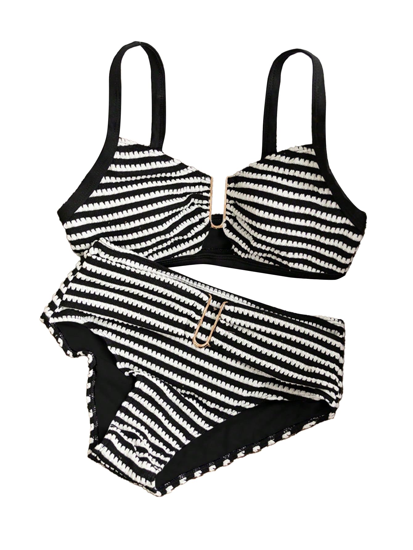 Bikini da donna a righe strutturato a vita alta Set con anello a U Due pezzi Costumi da bagno estivi Nero e Bianco L