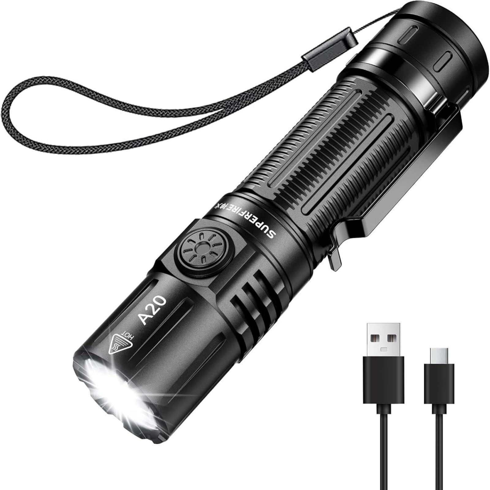 SuperFire LED Taschenlampe Aufladbar 2000 Lumen mit - IPX4 Wassergeschützt, Vollaluminium, 6 Modi, Premium-Lampenperlen mit Überhitzungsschutz für Outdoor, Camping & Notfälle