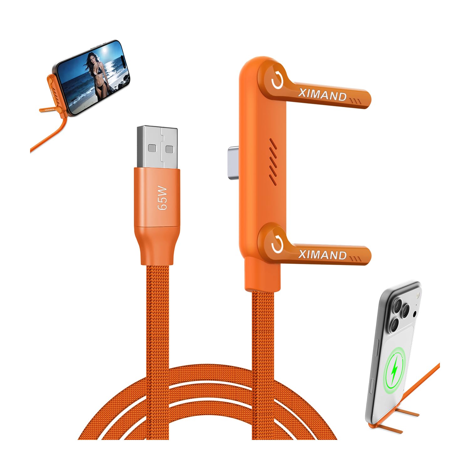 Invisible Holder Charger Cable, 65W PD Fast Charging Cable for Desk, USB-A & Type-C to Cable 4.9 FT with 360° Adjustable Metal Stand, 2 in 1 Holder Charger for Gaming, Office, Home, Orange, 1 pack