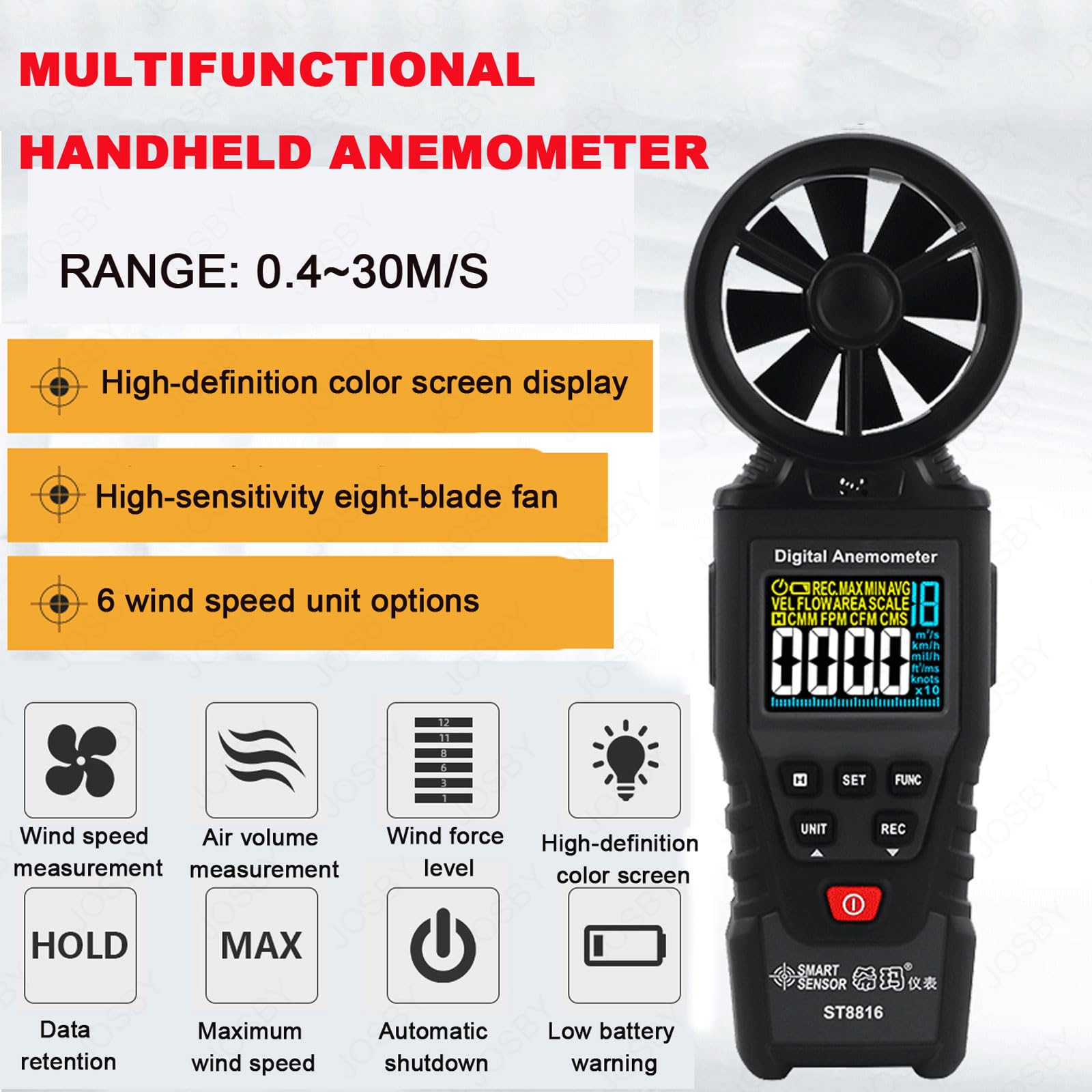 JOSBY Anemómetro con Pantalla Digital LCD, medidor de Flujo de Aire para medir la Velocidad del Viento, la Temperatura y la sensación térmica, Tiempo de muestreo de 0,5 s/Pieza, para Volar y Escalar