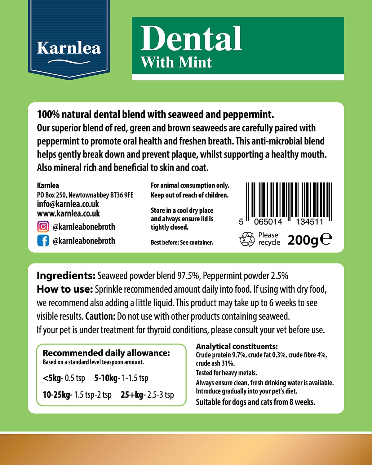 KARNLEA Dental with Mint Plaque Off for Dogs & Cats, green, 200g - Image 2